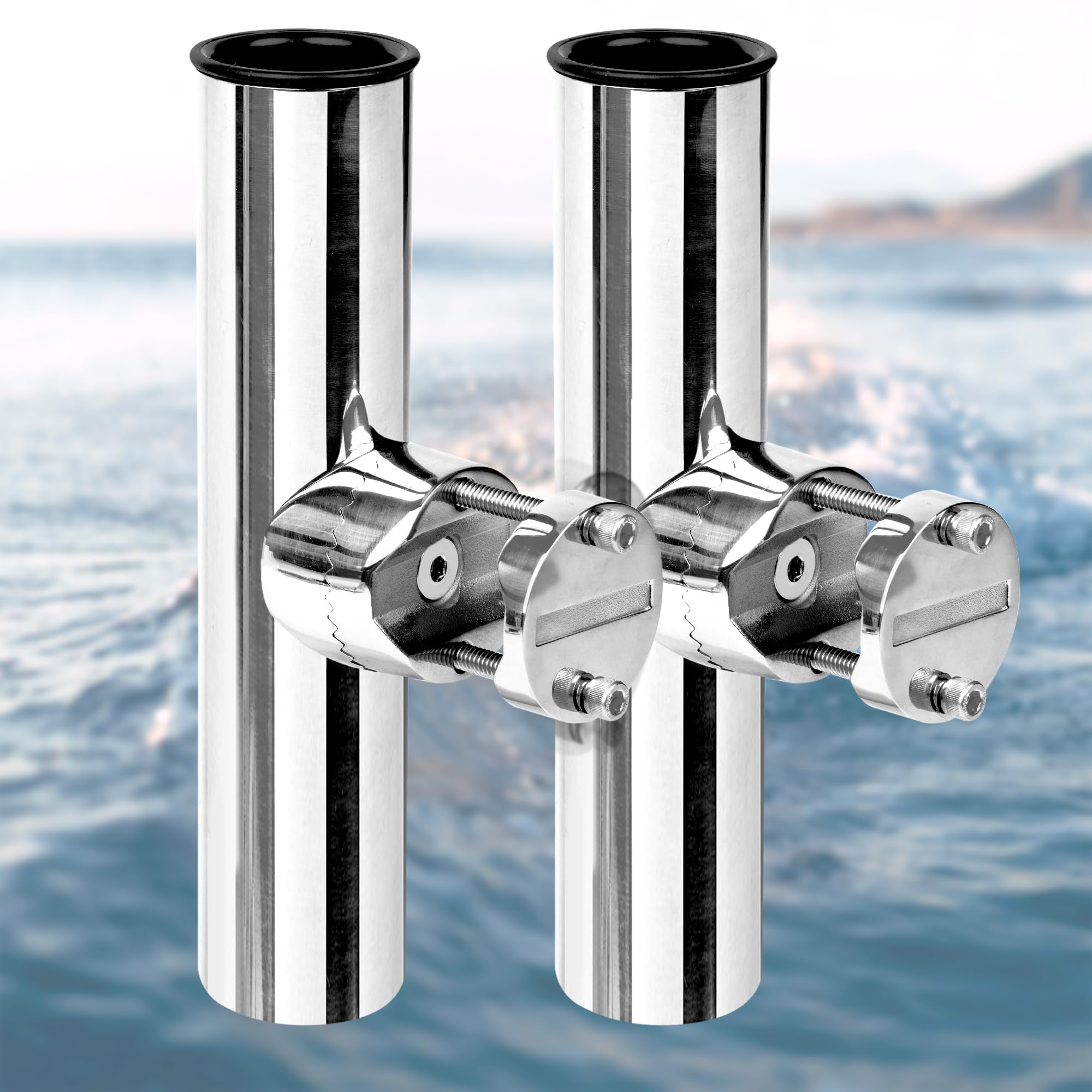 XinKunmarine 2 Pack Fishing Rod Holders for Boat Rail Mount, Stainless Steel Clamp on Rod Holder for Marine Boat, Fishing Boat, Pontoon, Jon Boat