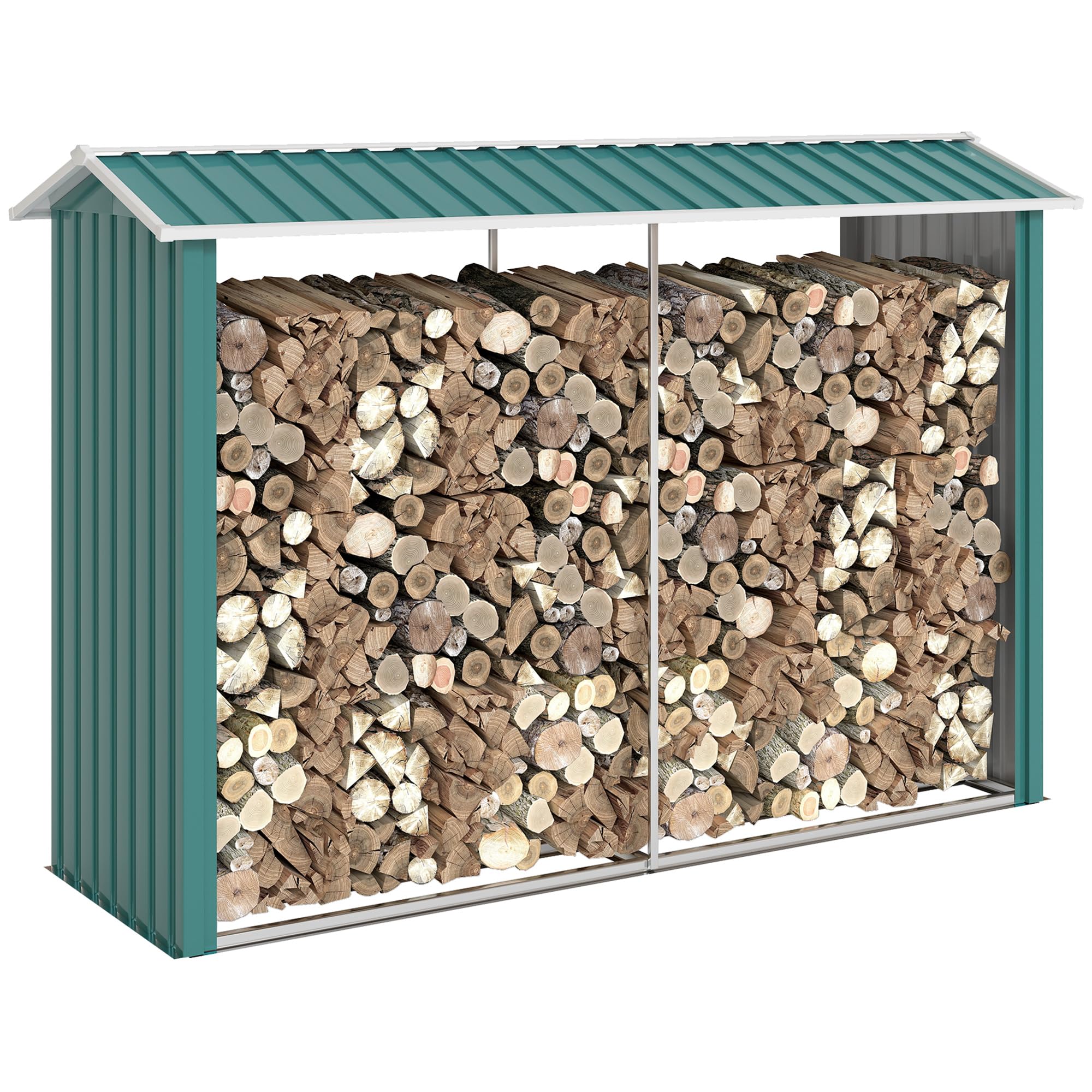 Outsunny Casetilla para Leña de Acero Galvanizado Leñero Exterior Cobertizo de Almacenamiento de Troncos con Techo Impermeable y Antioxidante para Jardín Terraza Patio 240x86x160 cm Verde