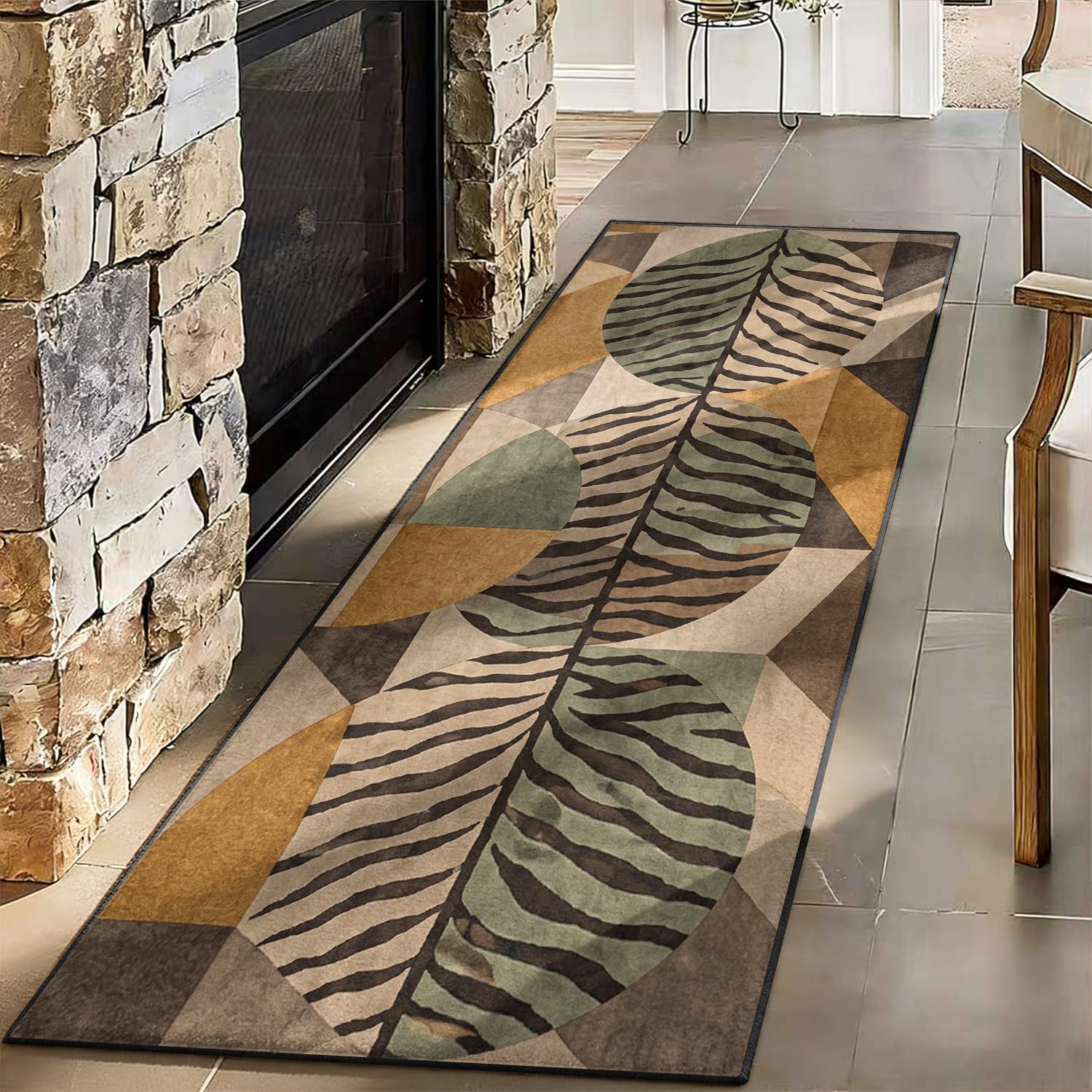 Boho Geometric Runner Rug 80x300cm Abstract Leaf Carpet with Zebra Print