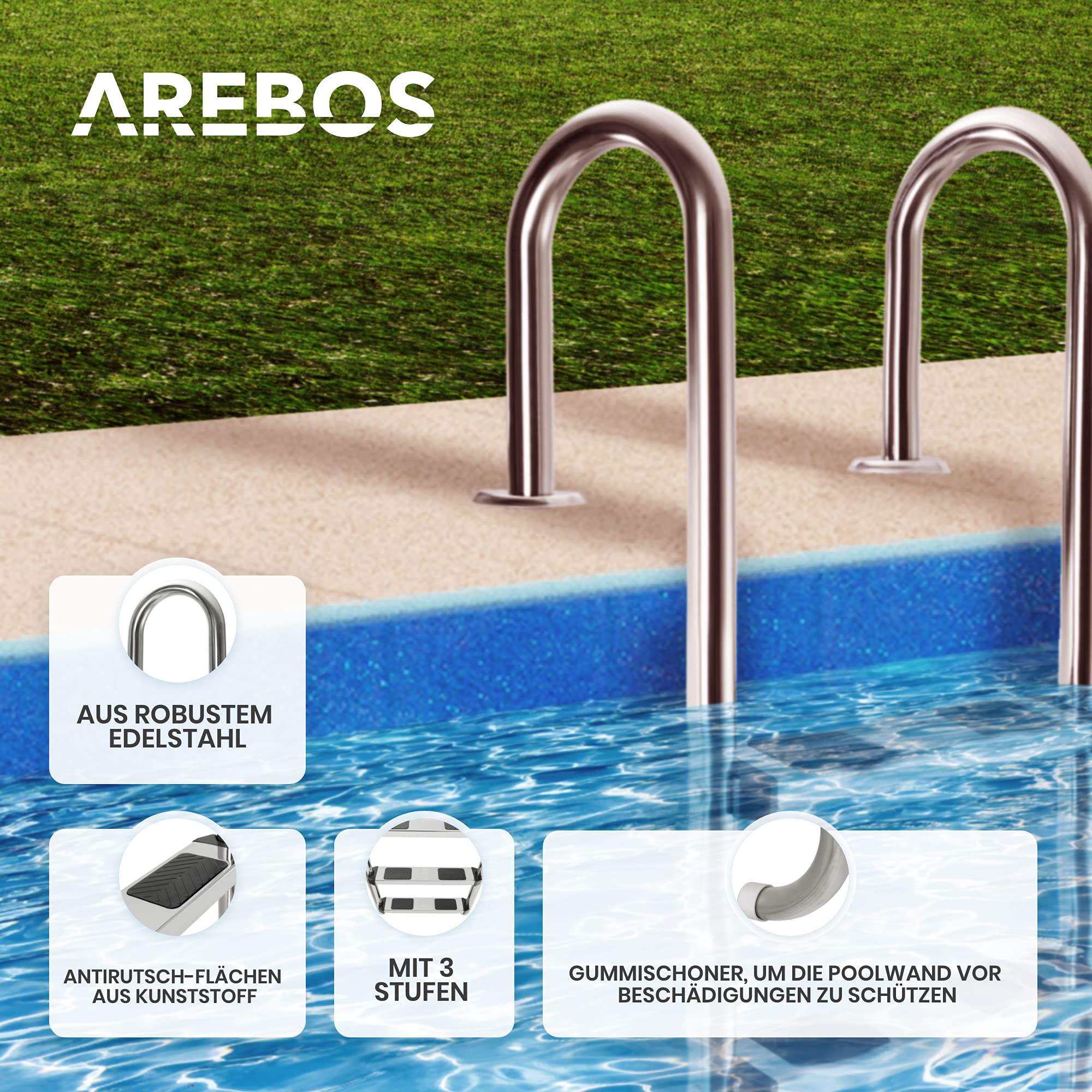 Arebos Edelstahl Poolleiter | inkl. Kunststoffbolzen, Flanschrohr und Montagematerial | 2 Montagemöglichkeiten | mit Antirutschpads auf den Sprossen | Einstiegsleiter Silber | Einbauleiter 3 Stufen