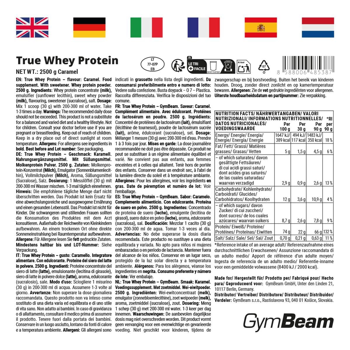 GymBeam True Whey Protéine de Lactosérum (WPC) – Jusqu'à 23 g de Protéines et 5,9 g de BCAA par Dose, Saveur Caramel, Fabriqué en Europe, 2500 g (83 portions)
