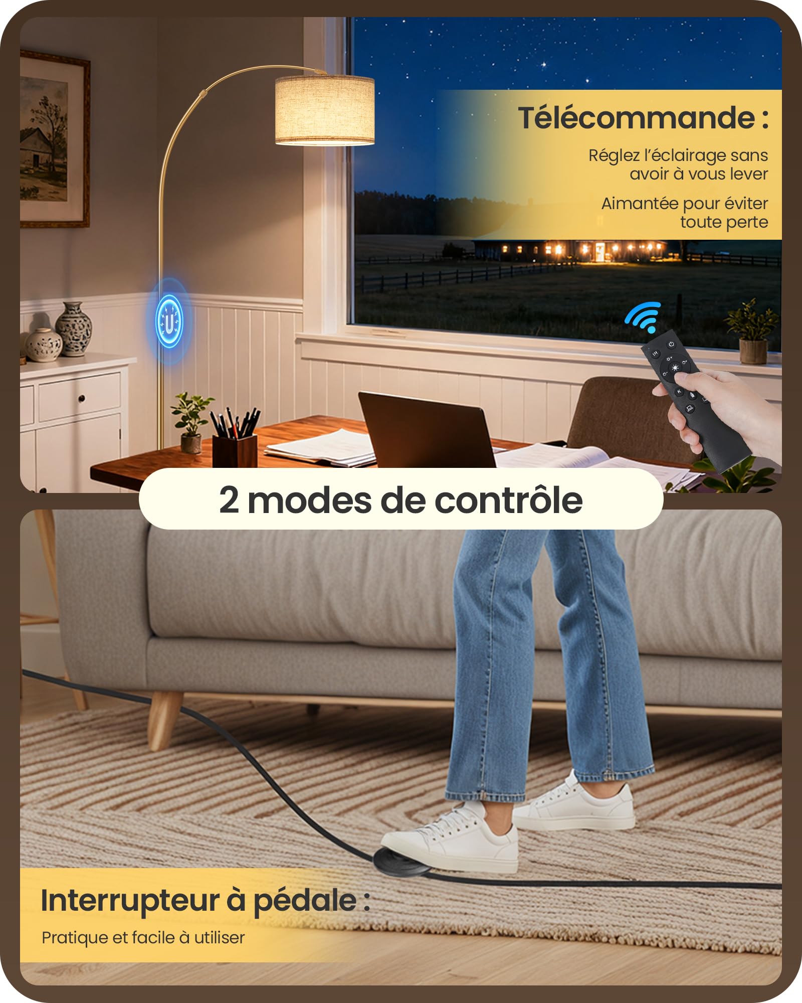 Lampadaire sur pied de salon arc, or beige, pour chambre | lampe arquée réglable en hauteur de 158 à 188 cm, Socle en marbre stable, à intensité variable avec télécommande, ampoule