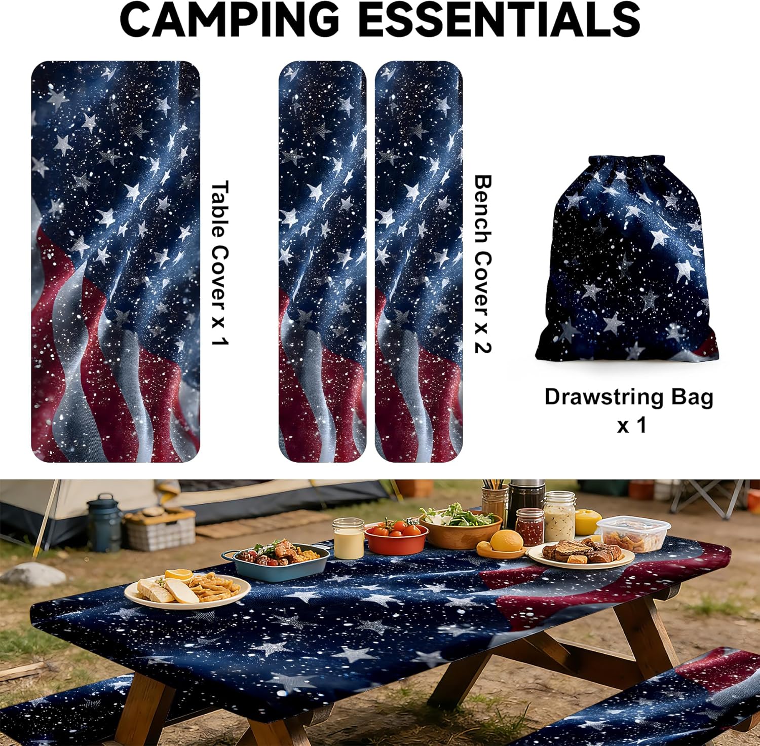 NYZE 3 Pieces American Flag Picnic Table Cover with Bench Covers Set, Independence Day Elastic Edge Camping Tablecloth Cover with Drawstring Bag,Camping Essentials for Outdoor Picnics, Patio, BBQ