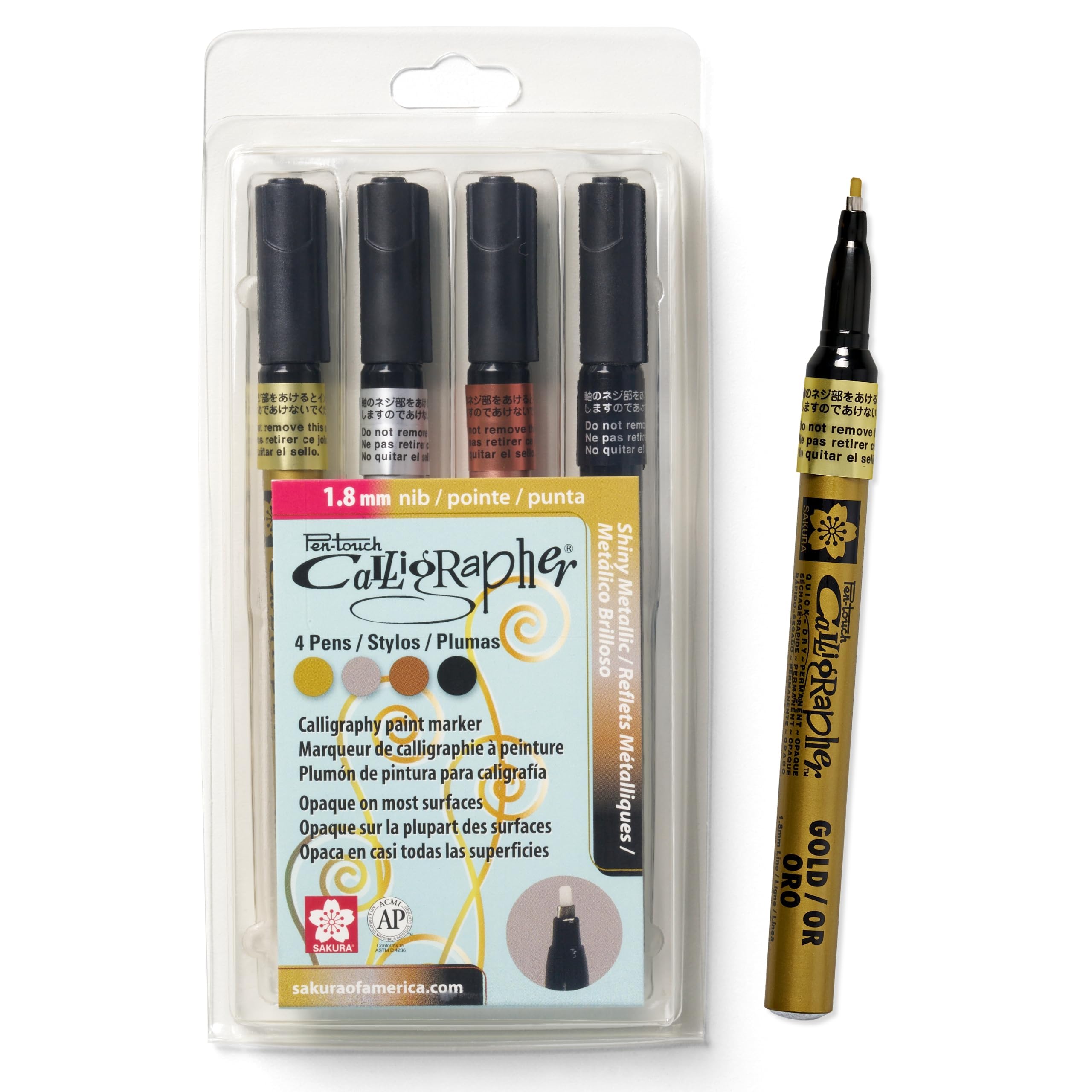 47391 4-Piece Fine Pentouch Calligrapher Paint Marker, 1.8mm, Gold, Silver, Copper and Black