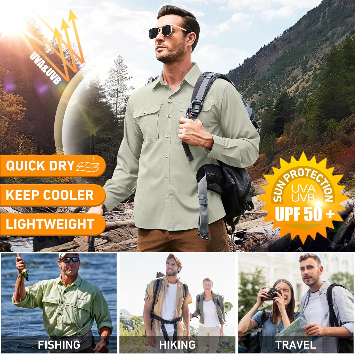 Men's Safari Hiking UPF 50+ UV Long Sleeve Button Work Shirt Lightweight Quick Dry Sun Protection Fishing Shirts