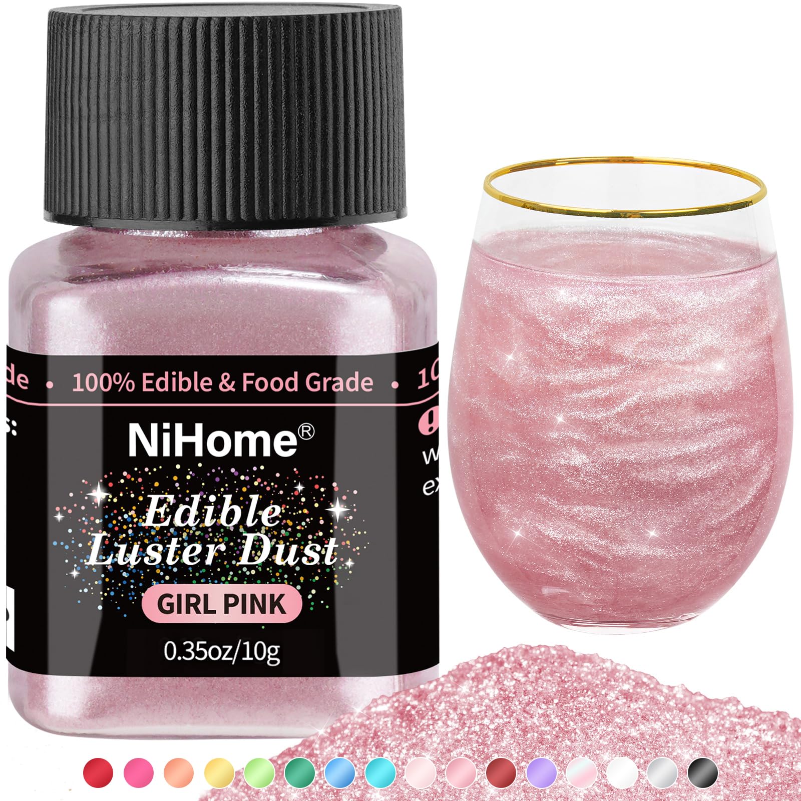 NiHome Food Grade Edible Glitter Powder, Metallic Glitter Powder, Fancy Food Decoration, Sparkling Powder for Drinks, Wine, Cake, Bakery, Vegan, Allergen Free (Pink for
