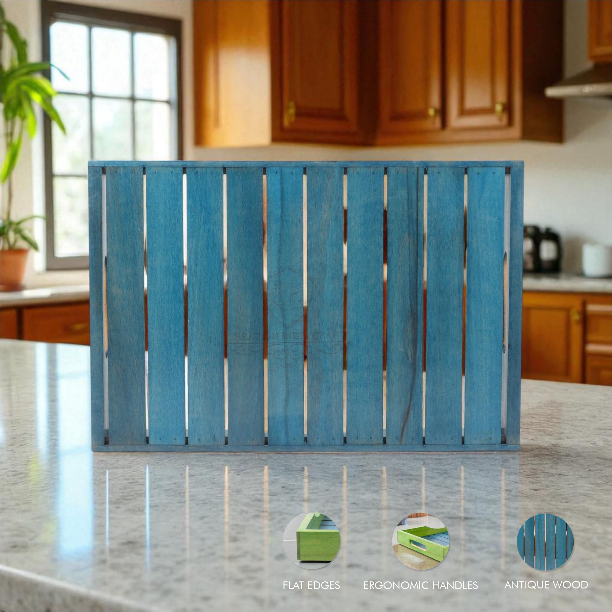 Plateau en bois pour décoration de table de salle à manger, cuisine, dîner, collation, café, plateau multifonction (bleu)