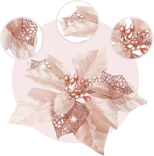 Miniatura 3 de 24 piezas de flores de Navidad con diamantina para decoración de árbol de Navidad, boda, año nuevo (rosa dorado).