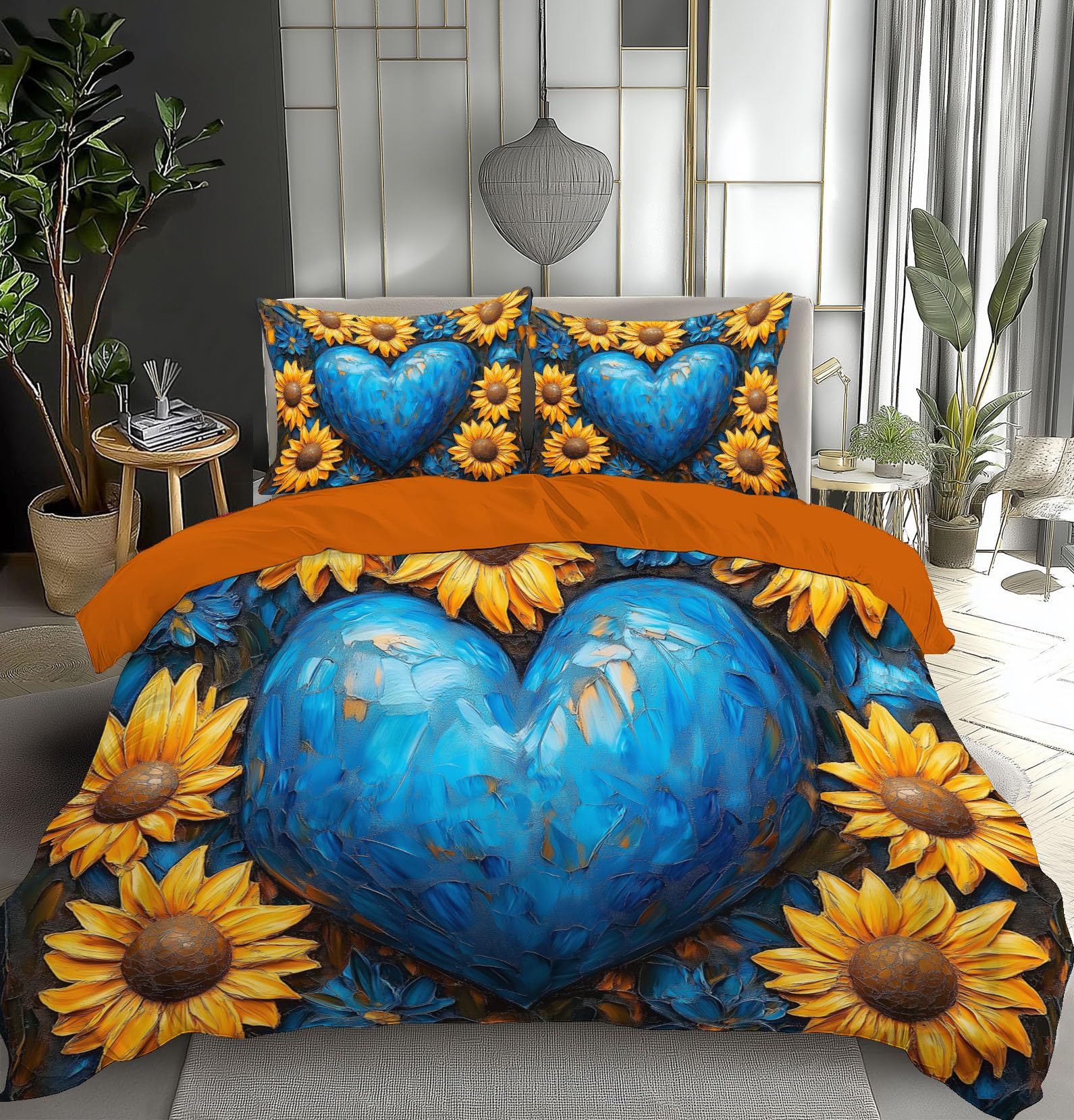 Parure de Lit 200x200 Housse de Couette Tournesol Bleu Vif avec Taies 50x75