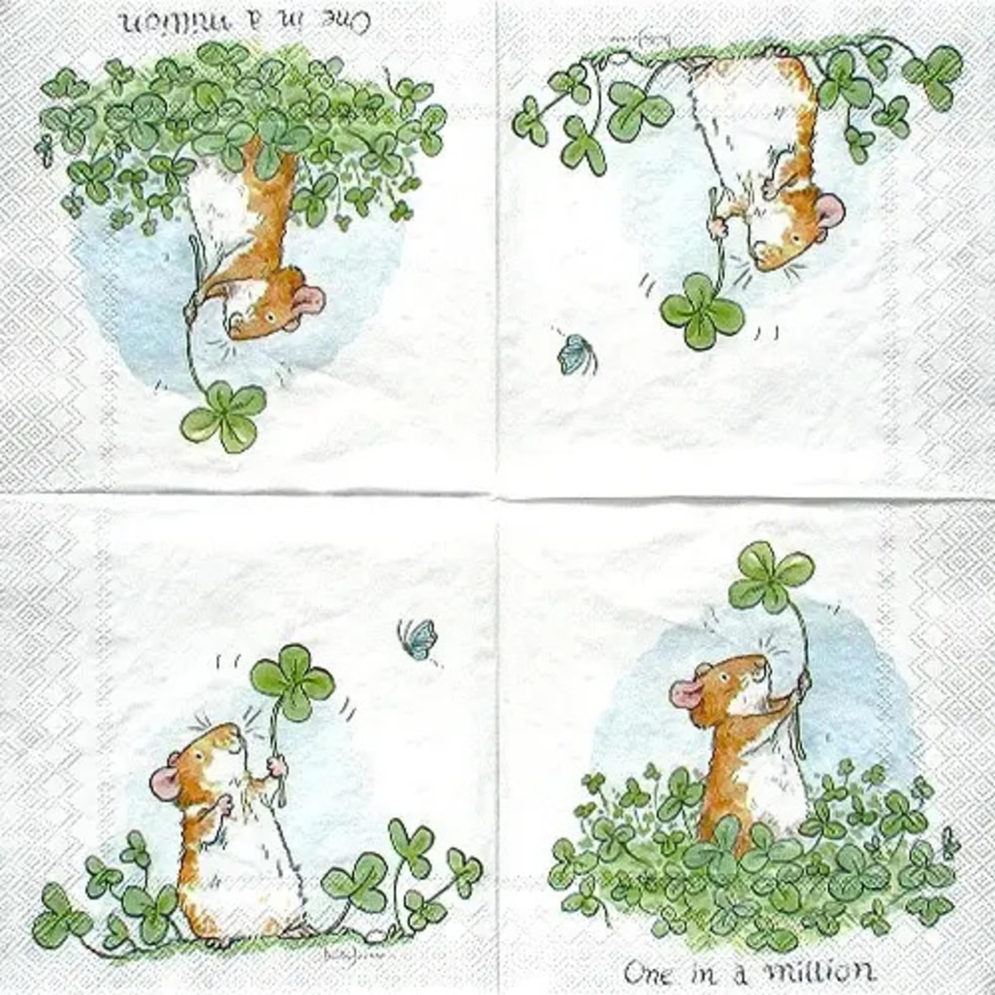 Set of 2 Individual Decoupage Paper Party Napkin Mouse Shamrock Lucky Watercolor Decor Luncheon Napkins for a Birthday Holiday, Wedding, Cocktail Party