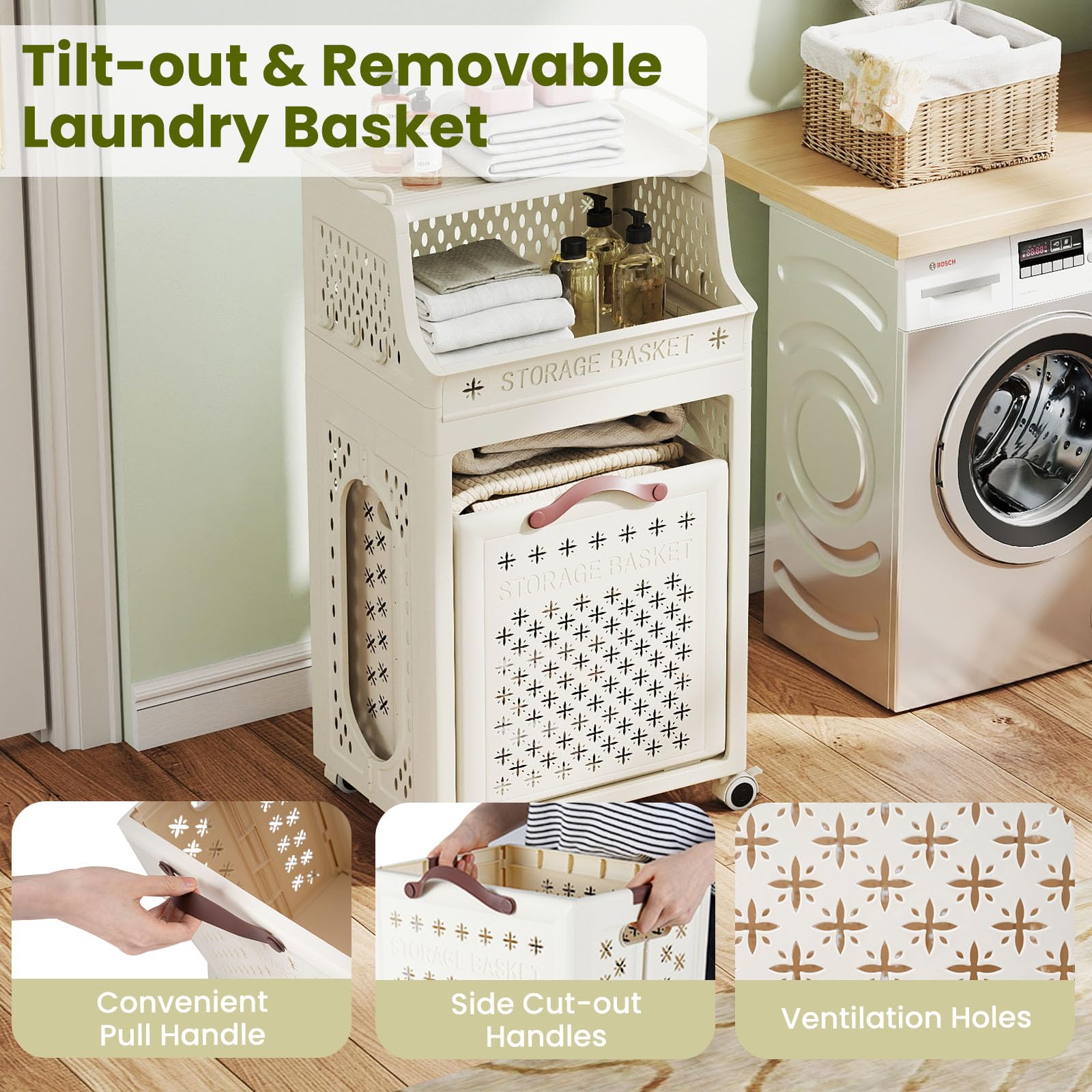 LIFEZEAL - Carrito de lavandería plegable de 3/4 niveles, cesta de ropa con ganchos, ruedas, carrito de almacenamiento móvil para lavandería, cuarto de baño, dormitorio (Beige2, 3 niveles sin barra de