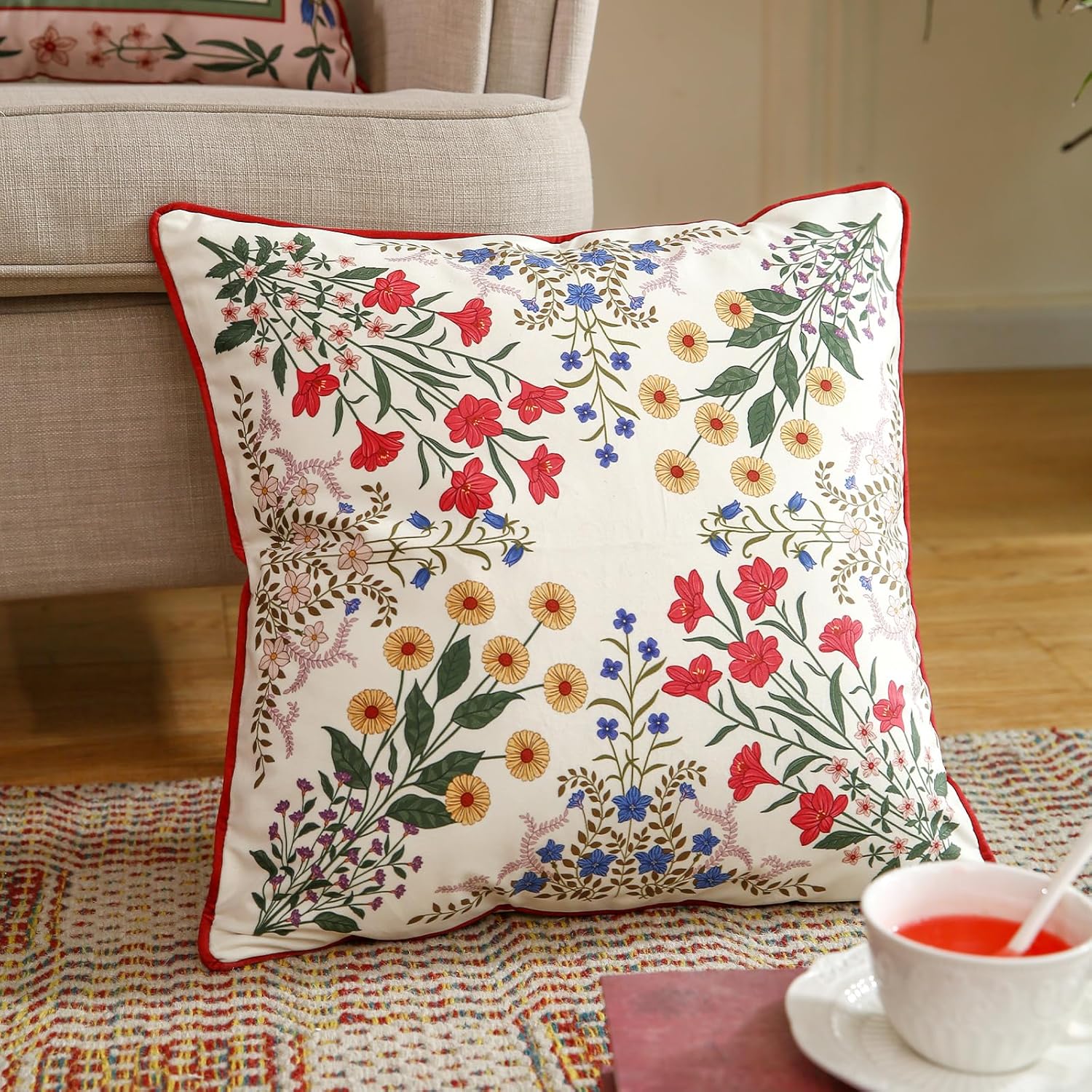 ISAENNE Design Square Vintage Floral Throw Pillow Covers 18"x18" Set of 2, Beige Soft Velvet Cushion Cover with Red Yellow Blue Flowers Pattern Decor Pillowcases for Bed,Living Room,Outdoor,Car