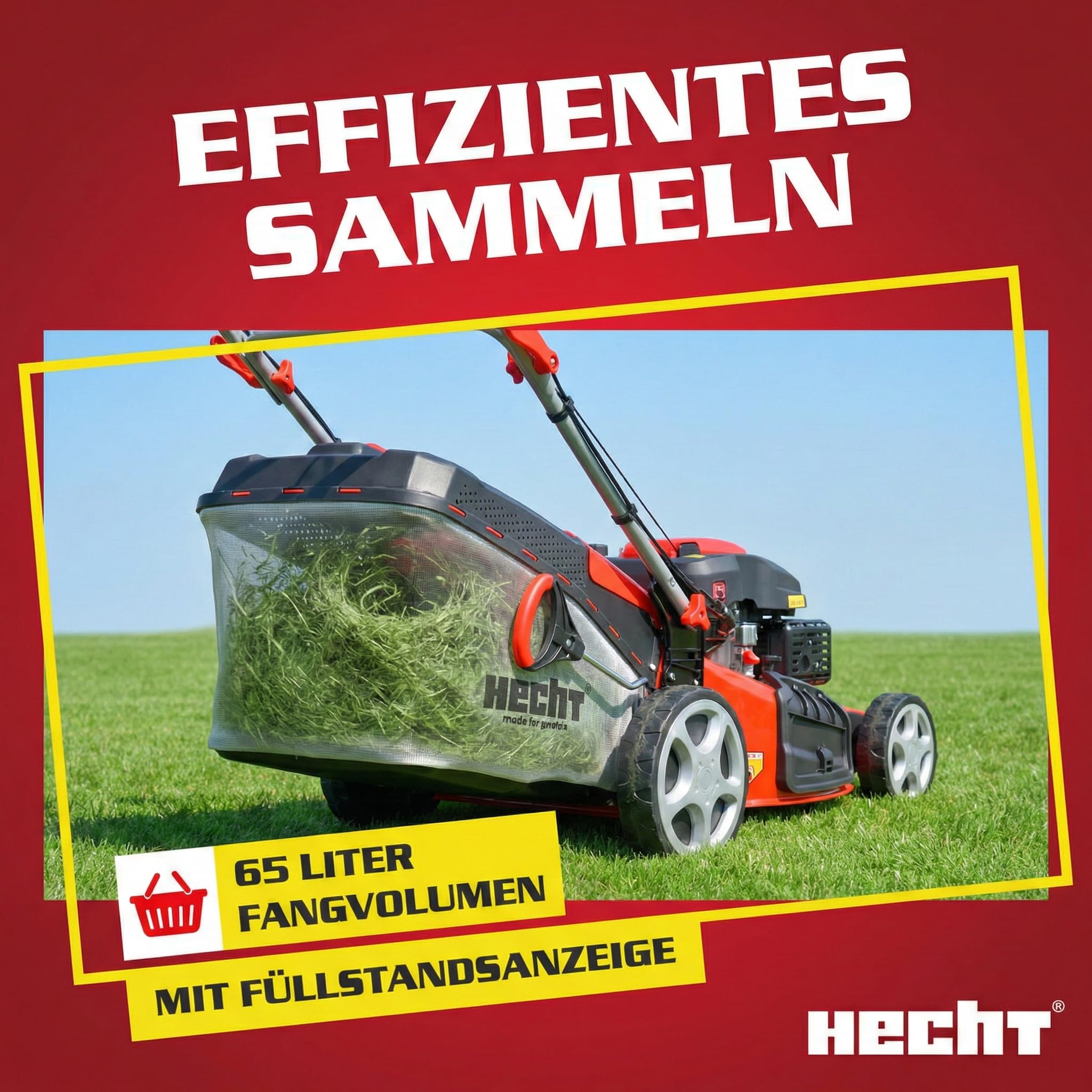 HECHT 5-in-1 Benzin Rasenmäher 5,5 PS Elektrostart 51 cm | 4-Takt-Motor 4,0 kW, 65 L Fangkorb, Radantrieb, patentierte Räder, Mulchmäher und Rasenmäher