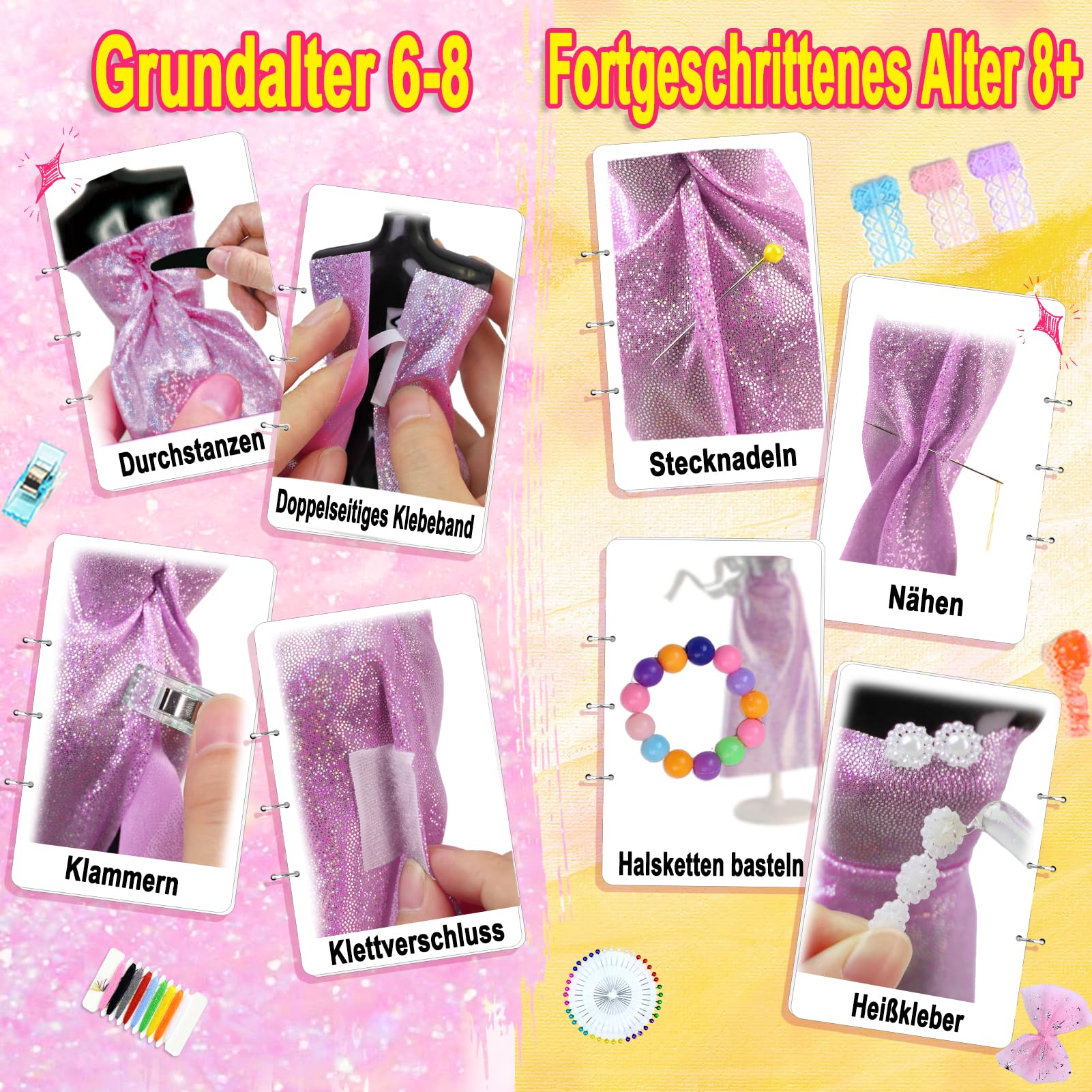 Beanewone Modedesign Mädchen 1000+ Stücke, Nähsets Kinder Enthält 30 Stoffstücke und 6 Schneiderpuppe, Fashion Design Basteln ab 6 Jahre, Modedesign Mädchen Bastelset ab 6 7 8 9 10 11 12+ Jahre