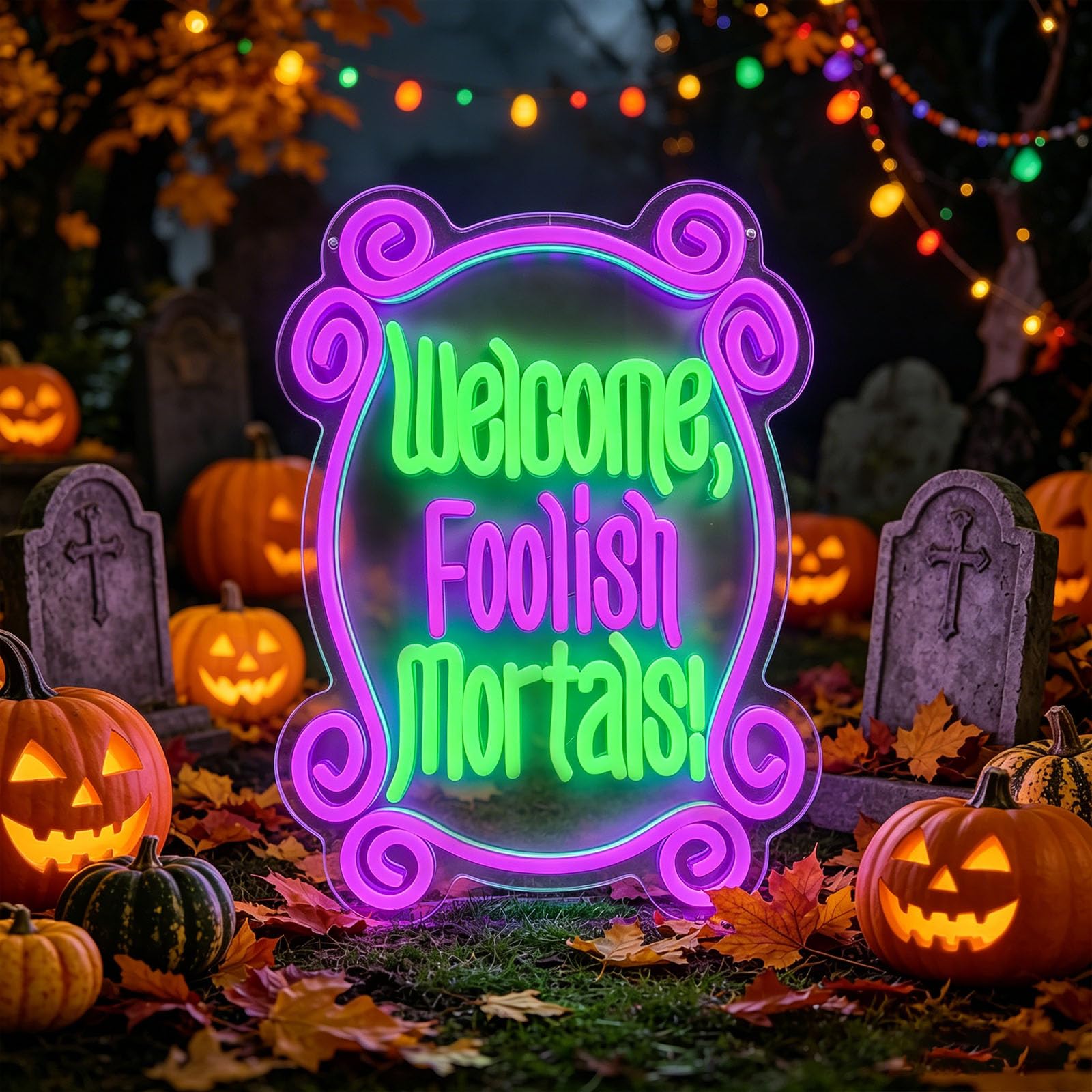 Welcome Foolish Mortals LED Light Sign USB Powered Dimmable LED Sign Green Purple Terror Mirror Neon Light Up Signs for Makeup Ball Ladies' Secret Base Magic Academy Club (D 11.8 in × W 15.7 in)