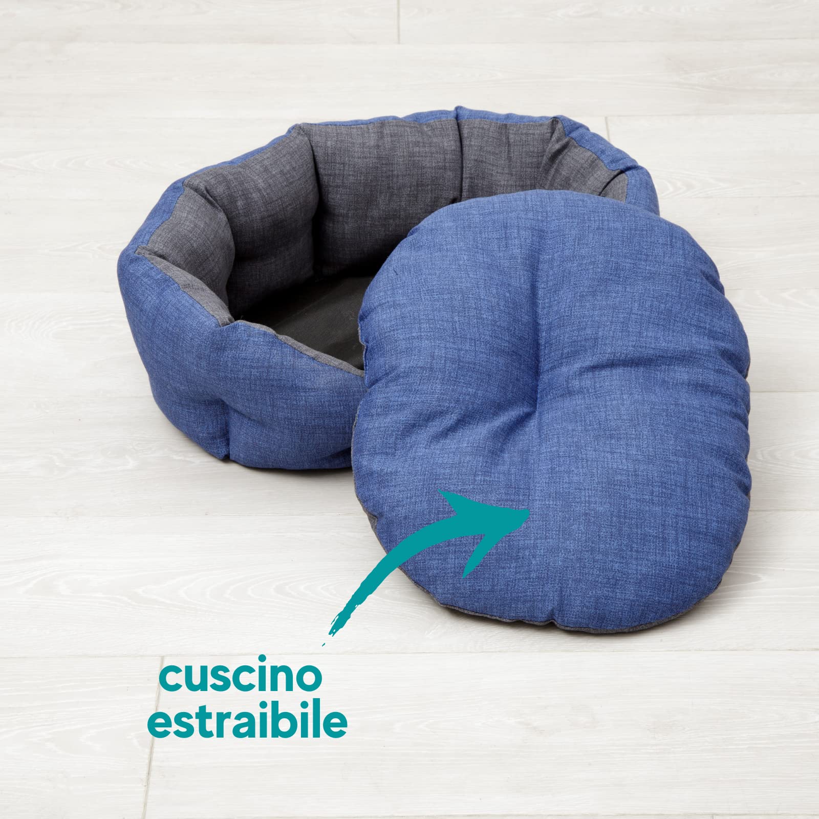 Baroni Home Cuccia per Cane e Gatto in tessuto Grigio e Blu Taglia L 50x65 cm, Morbido Divano Ovali, Comodo, per Camera da Letto Salotto Corridoio, Lavabile