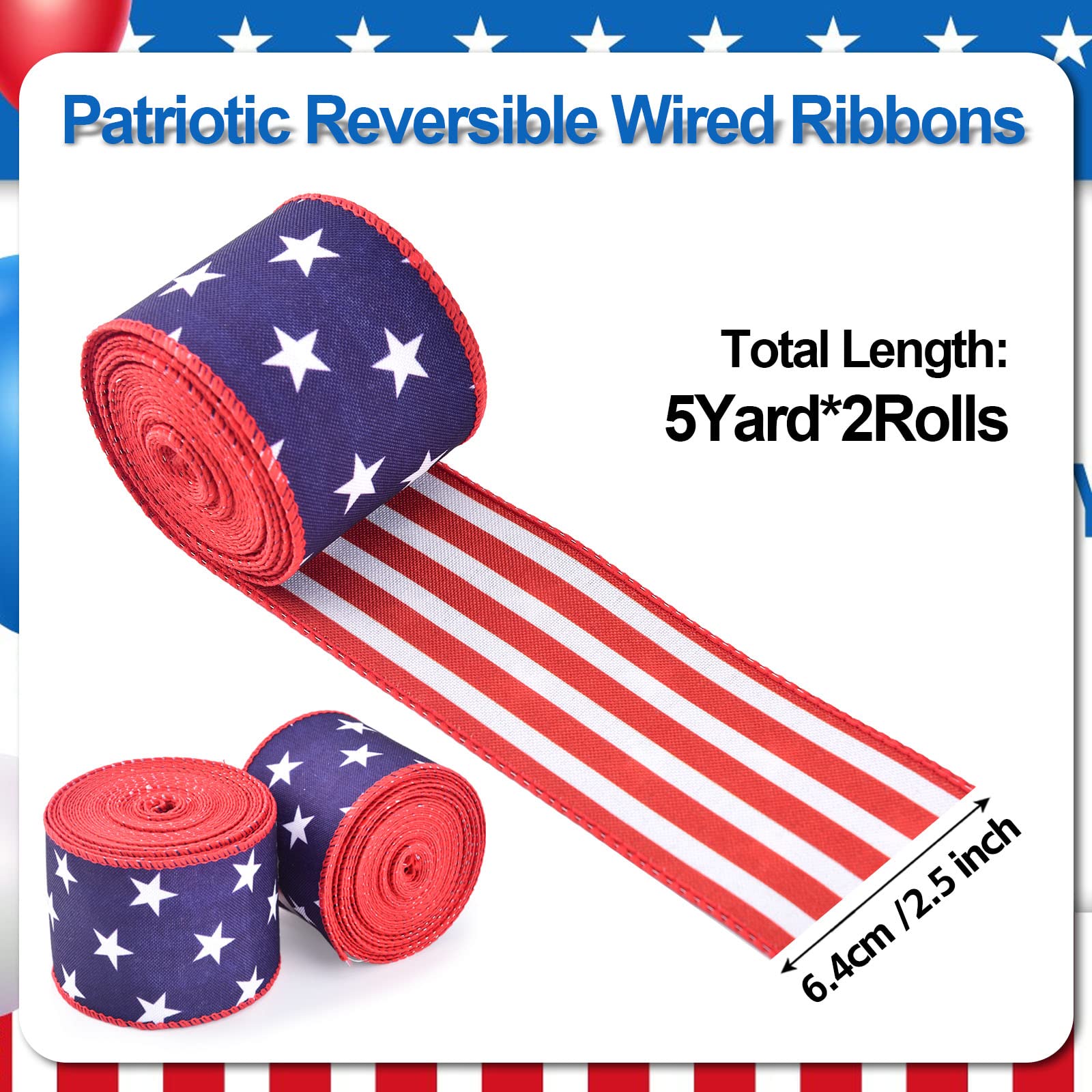 2 Rolls Patriotic Wired Edge Ribbon Stars and Stripes Reversible Ribbons Red White Blue Decorative Ribbon for 4th of July Memorial Day Bow Wreath Making DIY Crafts (Classic)