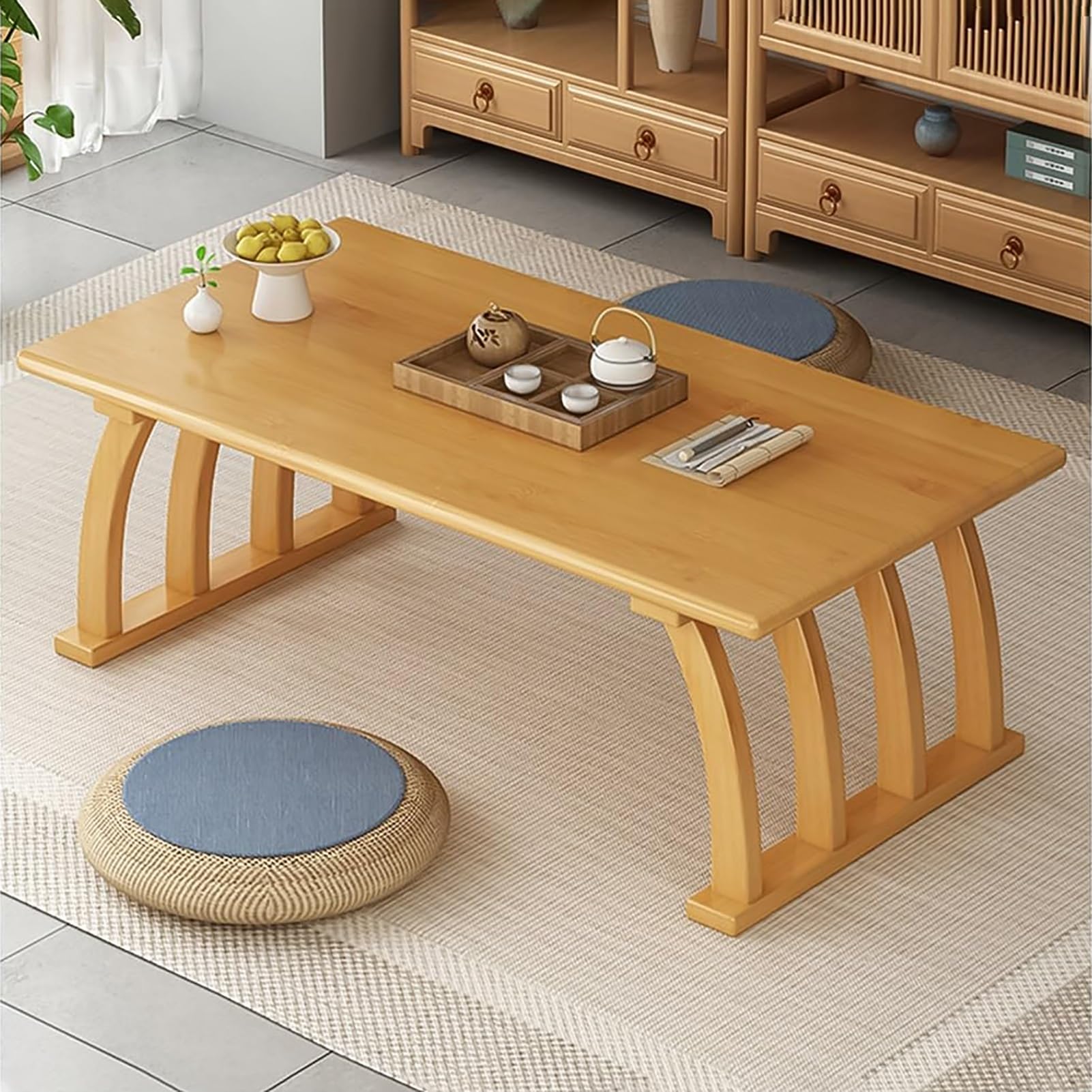 Table basse bois massif 60 cm style vintage japonais pour salon et coin thé
