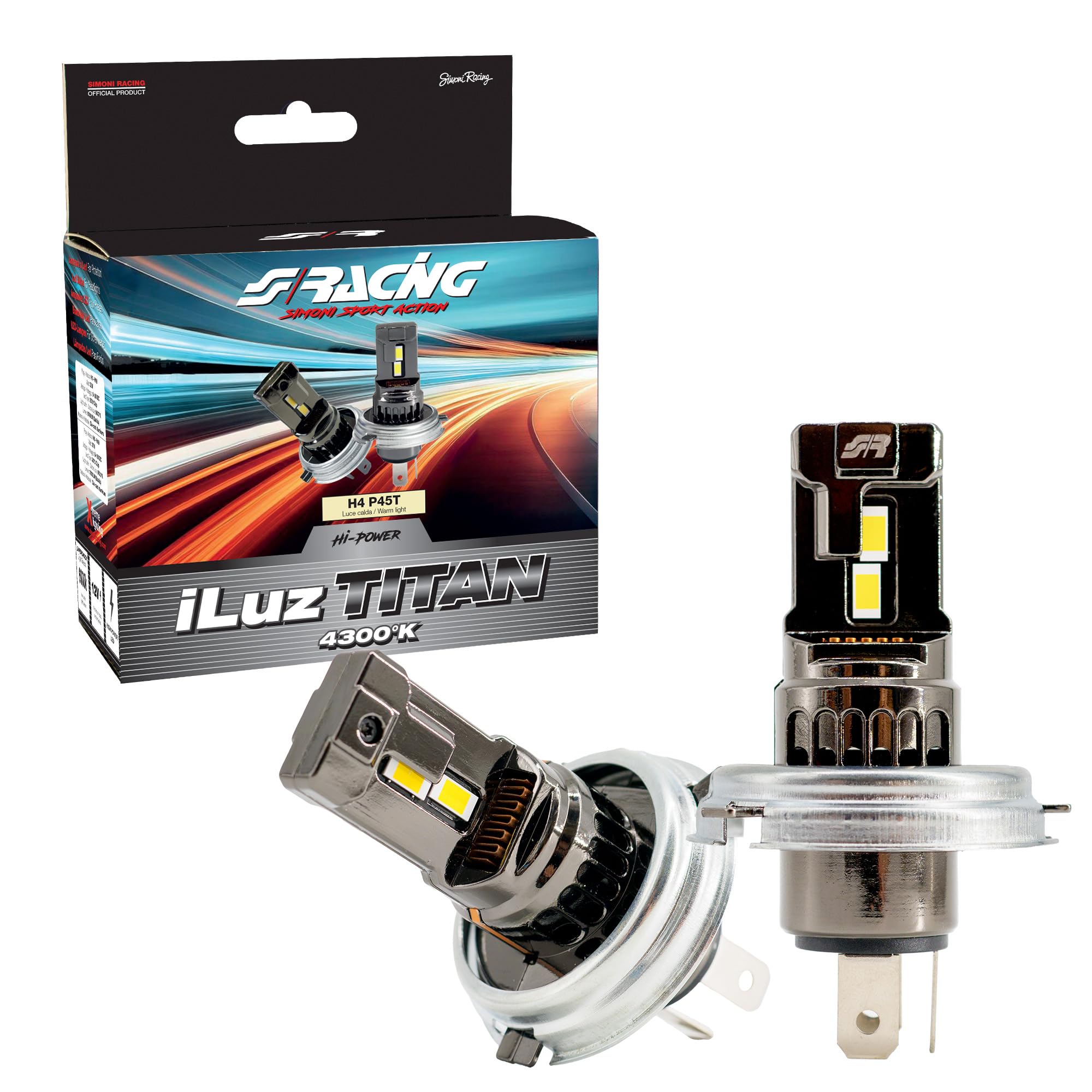 Simoni Racing TZ4P45T LED Conversion iLuz Titan, kit 2 Lampadine a Led Attacco H4 P45T di Piccole Dimensioni per Auto e Moto 4300°K Luce Bianca