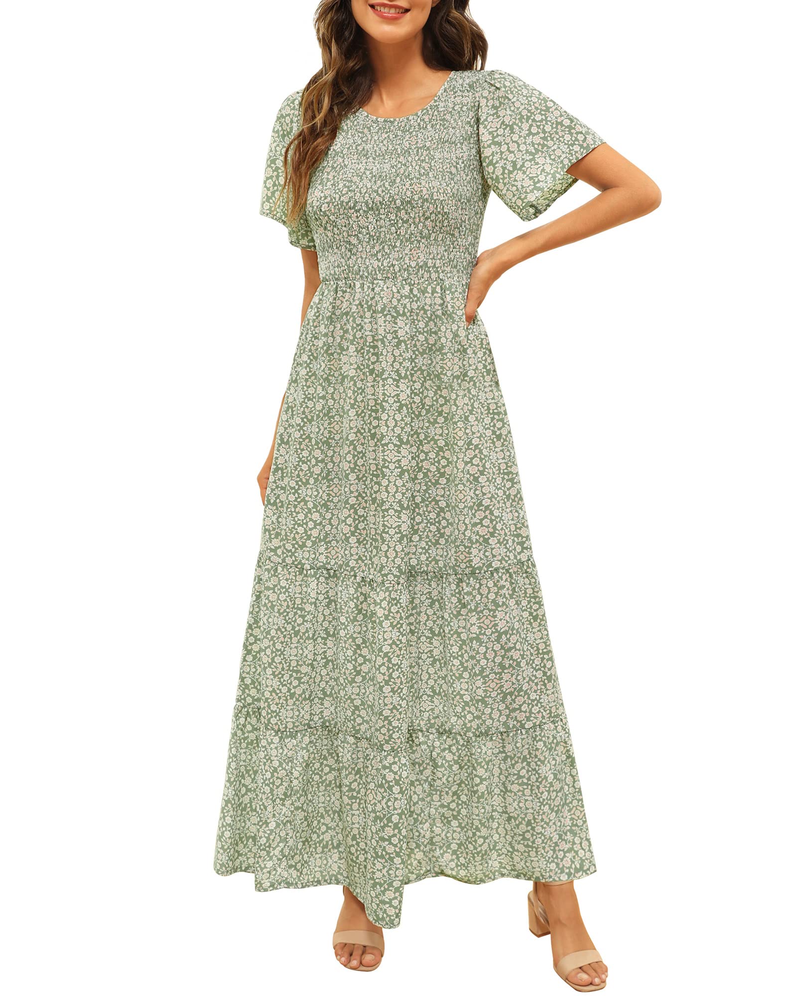 Kranda Women 2025 Summer Fall Crewneck Short Sleeve Smocked Floral Maxi Dress