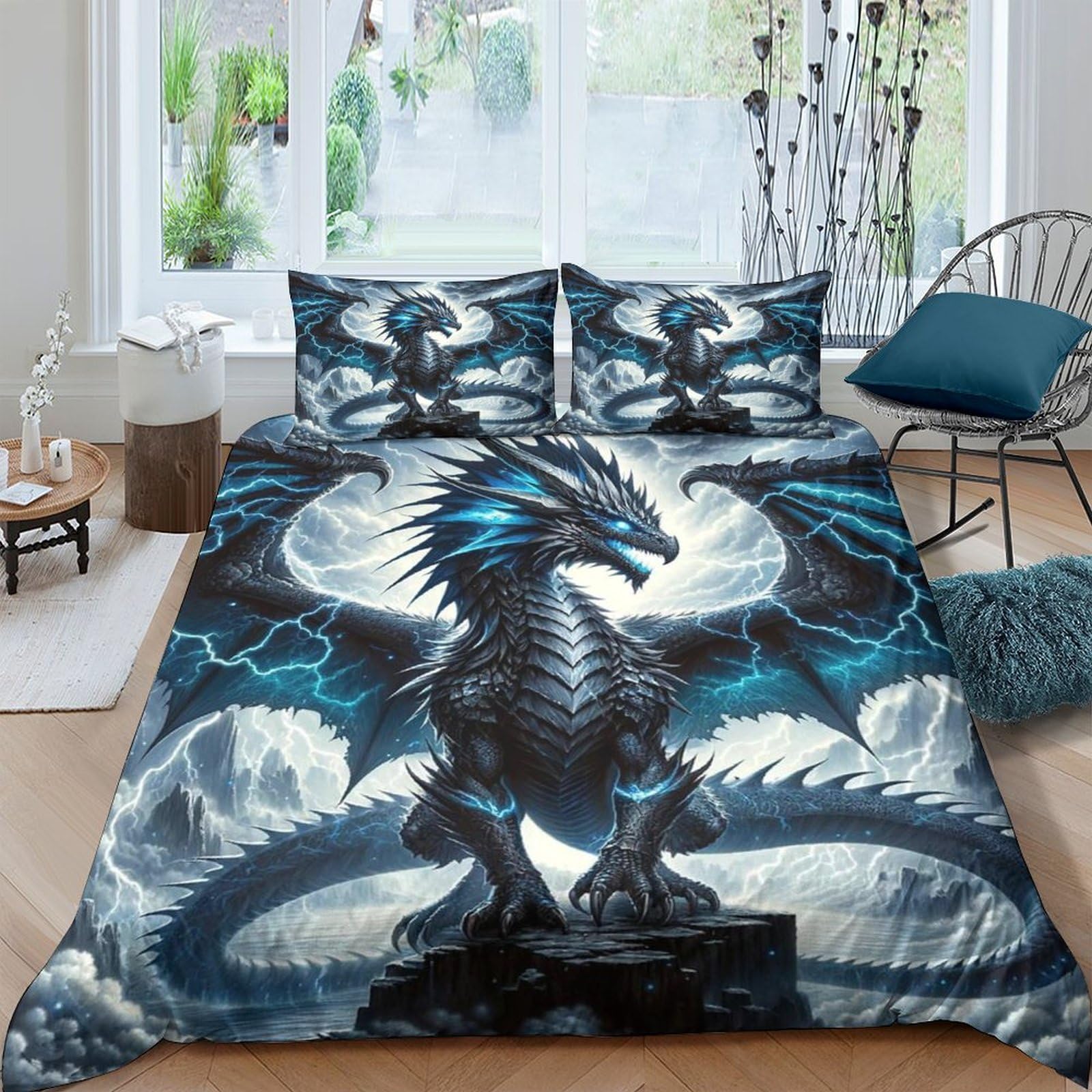 Ctjqhvkz Style-9 3D Printed Blue Dragon Fitted Sheet Microfiber Soft Breathable Storm Sky Bed Cover For Bedroom Guest Room Decor Single（135X200cm）