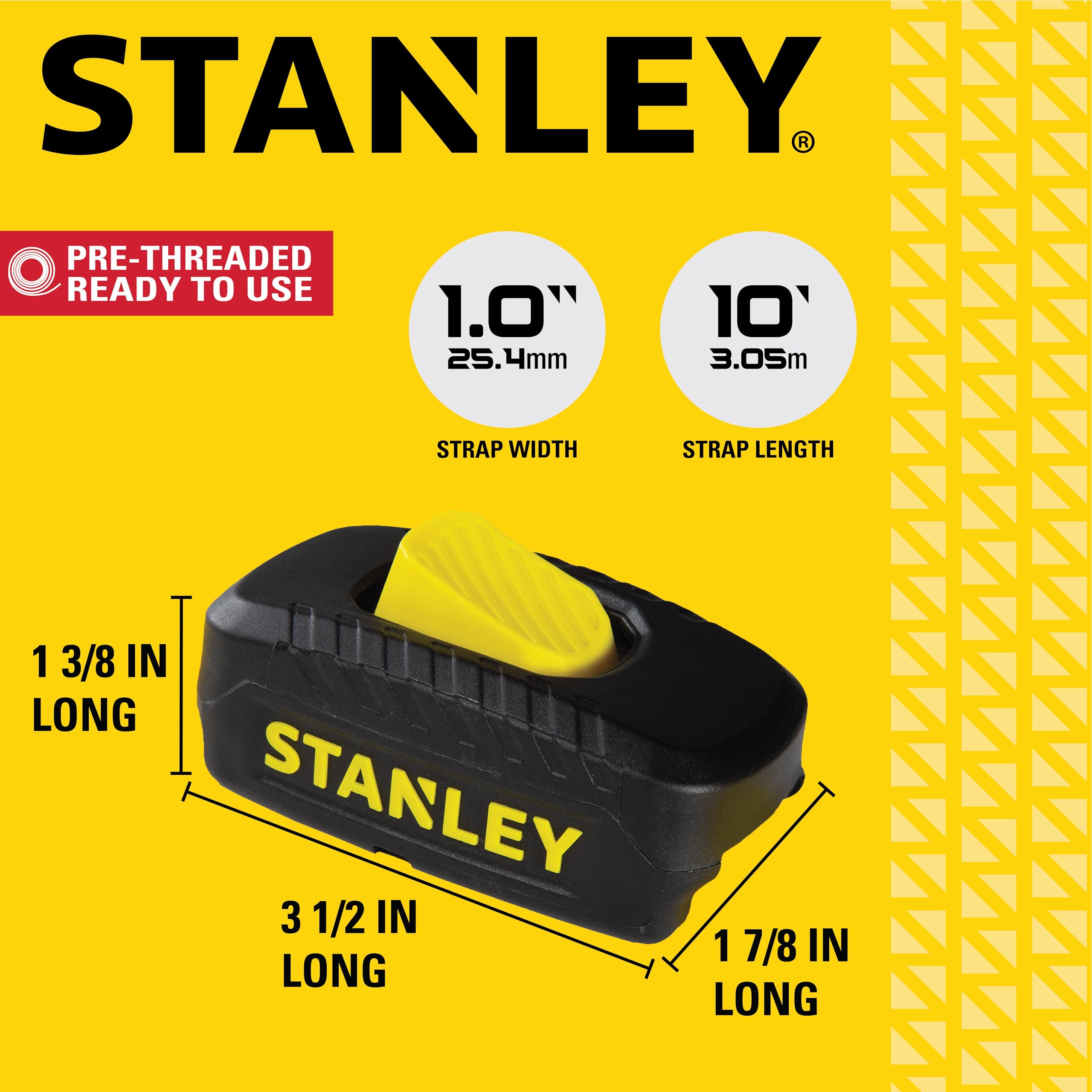 STANLEY S2002 Lot de 4 Sangles d'arrimage avec Boucle à Came fermée Noir/Jaune 2,5 cm x 3 m Charge de Travail sûre 181,4 kg Résistance à la Rupture 0,5 kg