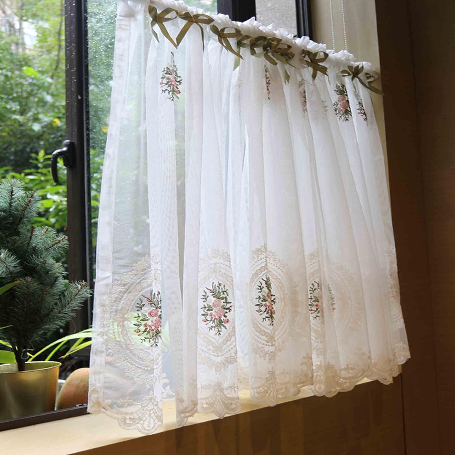 Story Untold Victoria Oval Floral Patterns Window Treatment Curtains with Green Bow Embroidered Romantic Sheer Curtain Rod Pocket Drape Panel (98" W x 22.8" L)