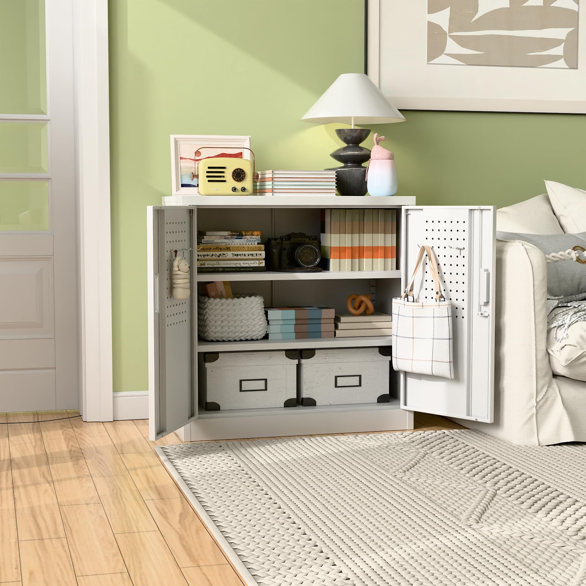 Armoire métallique avec panneau perforé et crochets, 80 cm de haut, 2 étagères réglables, Convient pour la maison, le bureau, la garage, l'école, À assembler soi-même, Blanc