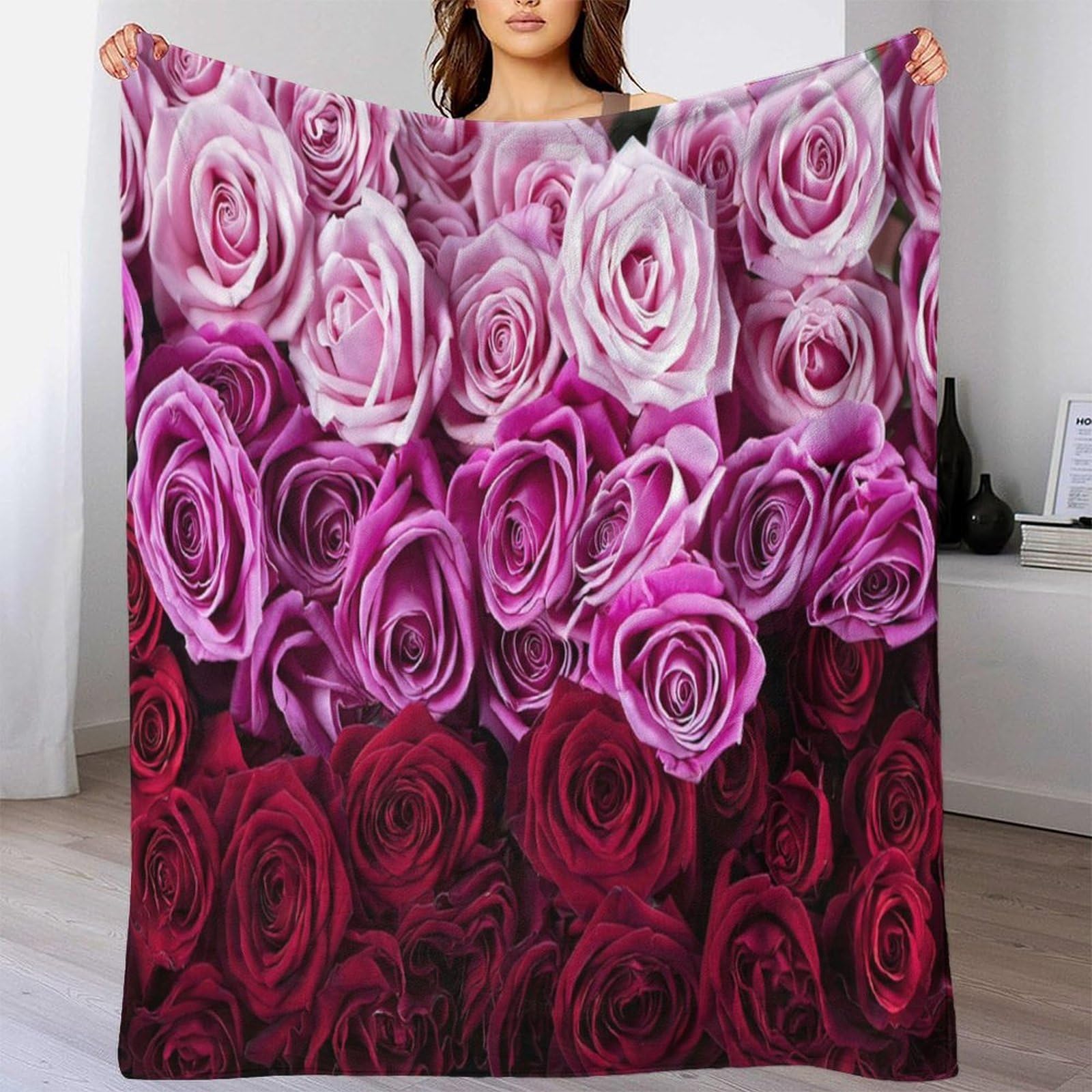 stampa 3D PinkRosesBouquet coperta microfibra biancheria da letto compatta e morbida coperta da viaggio leggera per regali per amici viaggiatori RomanticFloralDesign 70×80inch(180x200cm)