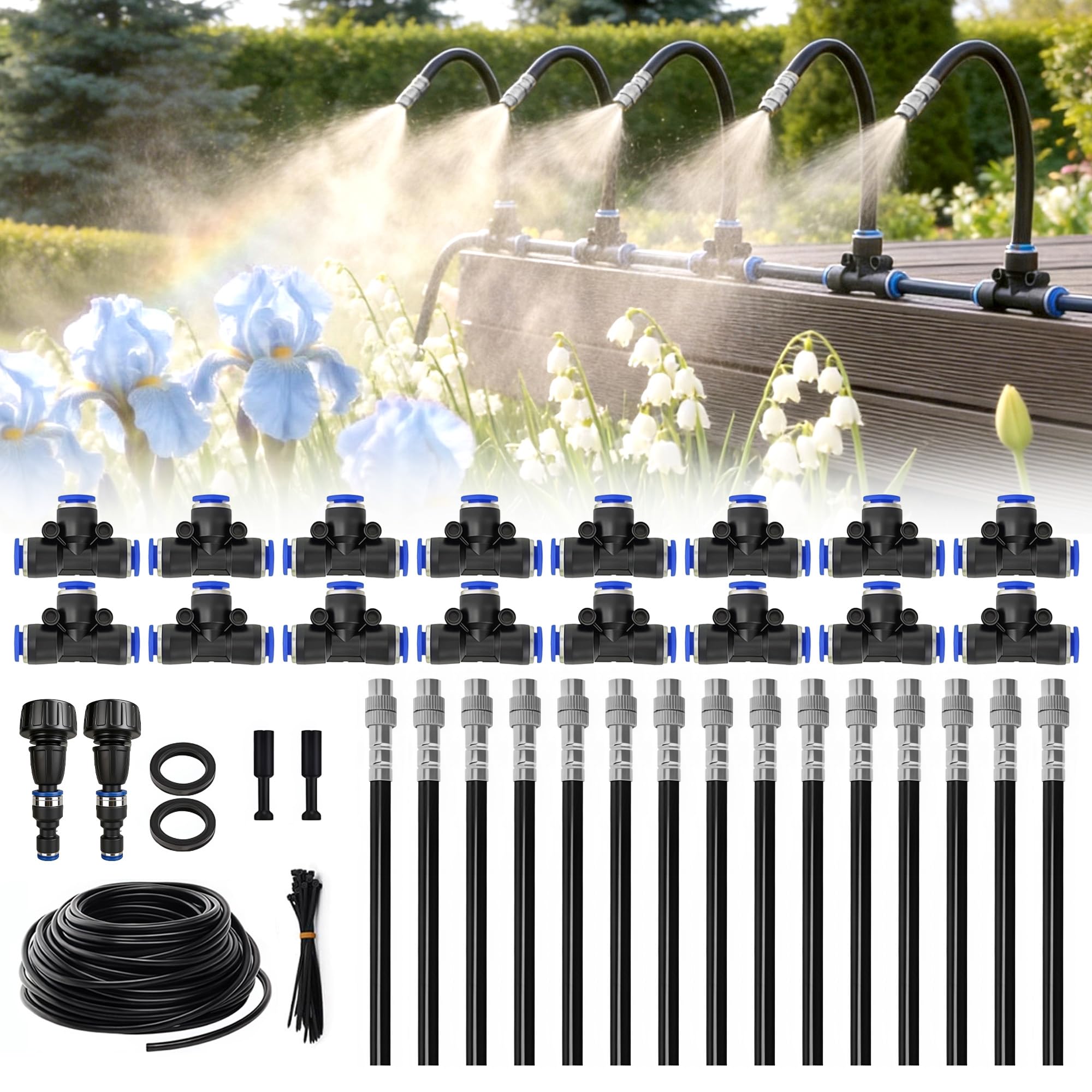 Sistema di irrigazione a goccia regolabile a 360°, sistema di irrigazione da giardino con 15 ugelli, irrigatore d'acqua per giardino, cortile, prato, serra, piante, sistema di nebulizzazione
