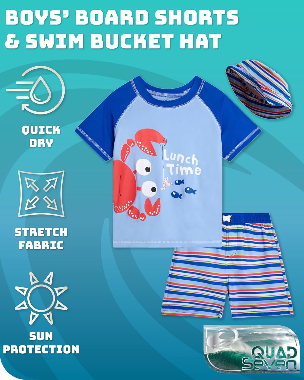 Quad Seven Baby Toddler Boys Swim Set - 3 Piece Swim Trunks Short Sleeve Rash Guard for Boys & Bucket Hat Swimwear (12M-4T)