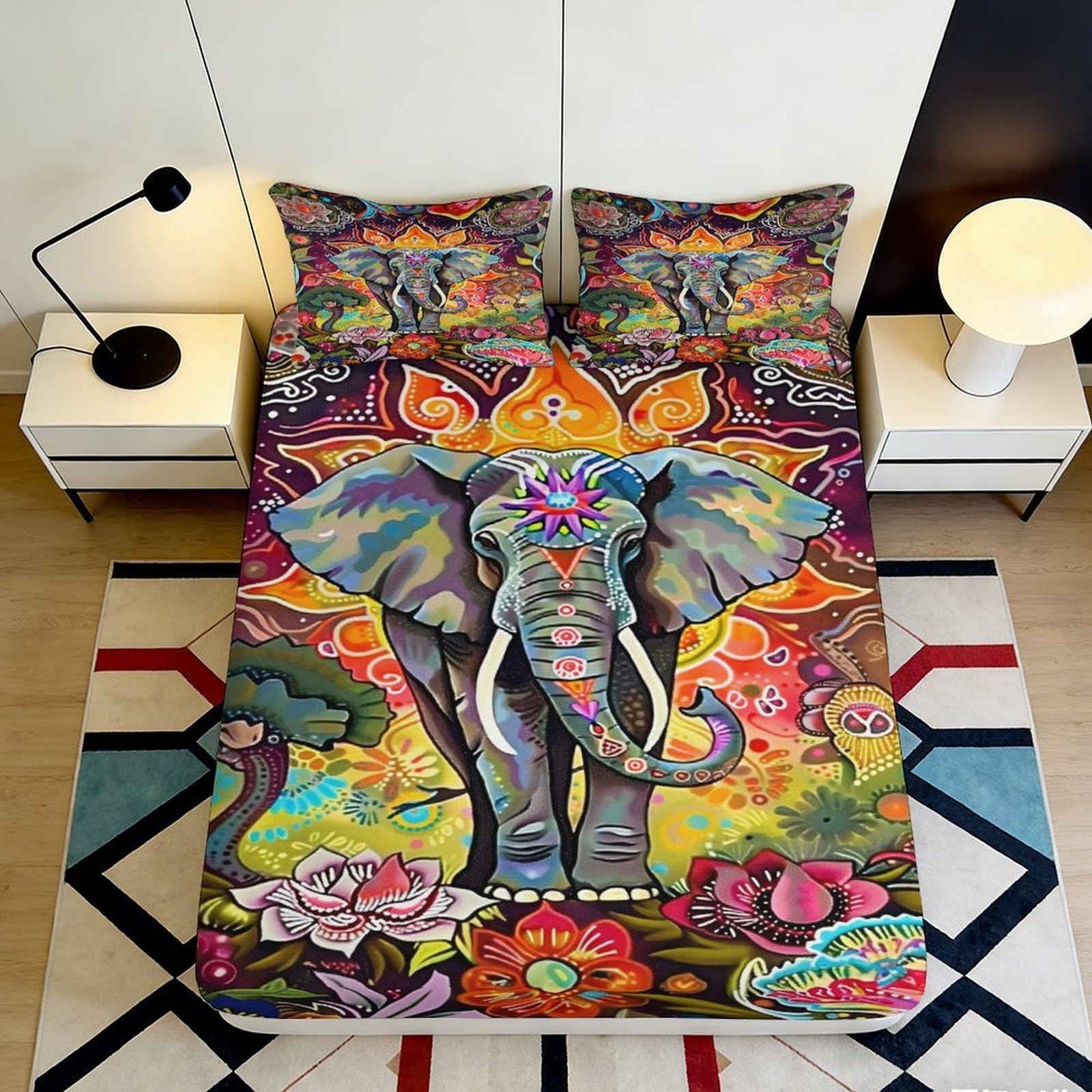 Pnayamiorkfel Style-10 3D Printed Mandala Elephant Fitted Sheet Microfiber Colorful Boho Floral Mattress Cover For Bedroom Guest Room Decor 90X200x25cm