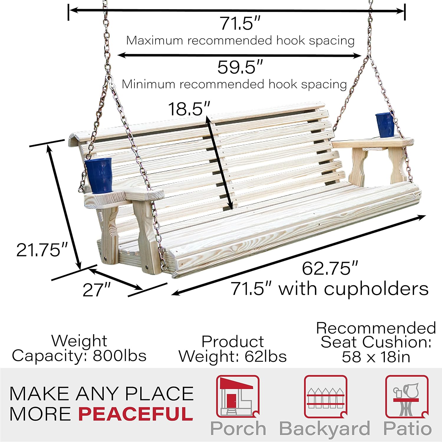 Amish Casual Heavy Duty 800 Lb Roll Back 5ft. Treated Porch Swing with Cupholders