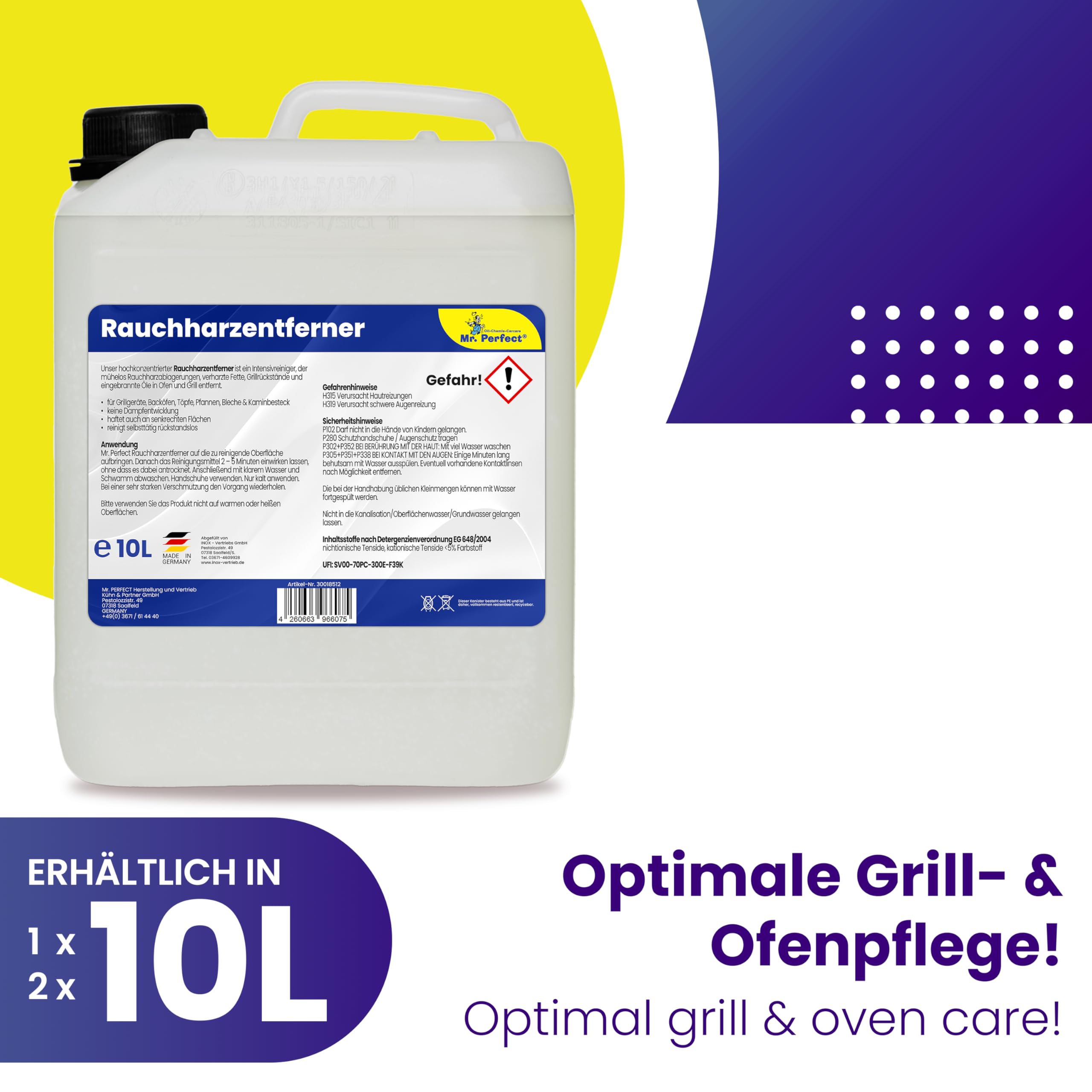 Mr. Perfect - 10L Rauchharzentferner I Backofenreiniger extra stark I Grillreiniger Gasgrill I Extrem kraftvoller Grillrost Reiniger I Rauchharzentferner Konzentrat dank effektiver Formel