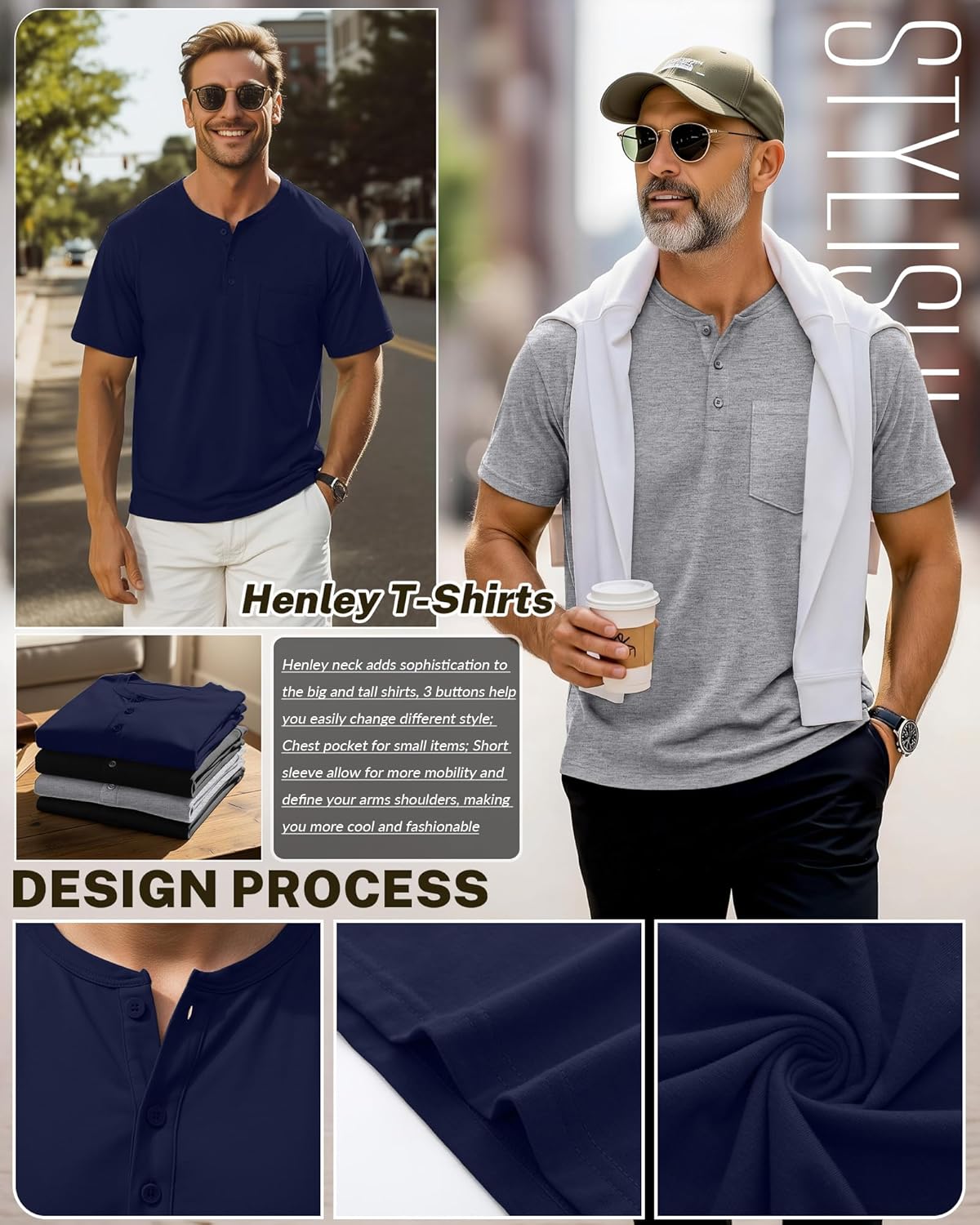 Neer 3 Pack Men's Big and Tall Henley T-Shirts, Short Sleeve Pocket Oversized Tops Casual Summer Soft Loose Basic Tees