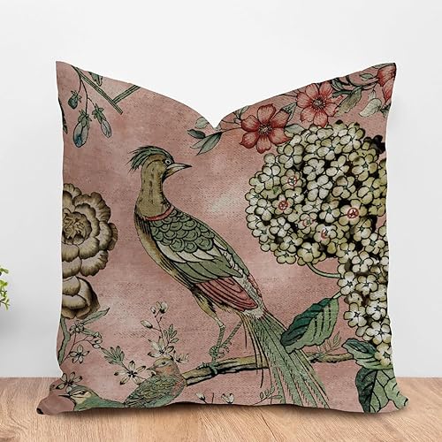 ArogGeld Funda de cojín de chinoiserie escénica asiática, color rosa rubor chinoiserie, fundas de almohada de pájaro chinoiserie, hortensia, camelia