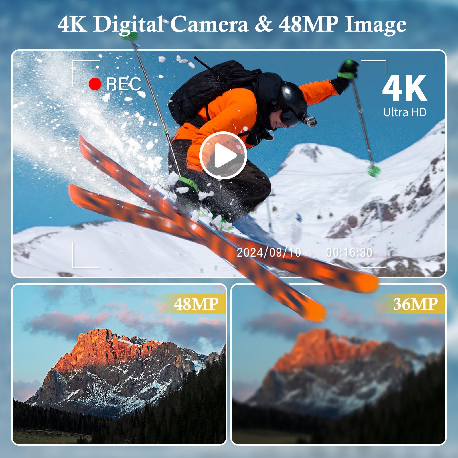 Lecran Macchina Fotografica Digitale 4K con Doppia Fotocamera, 48MP, Scheda da 32GB, Zoom Digitale 16X, 2 Batterie per Ragazzi e Principianti