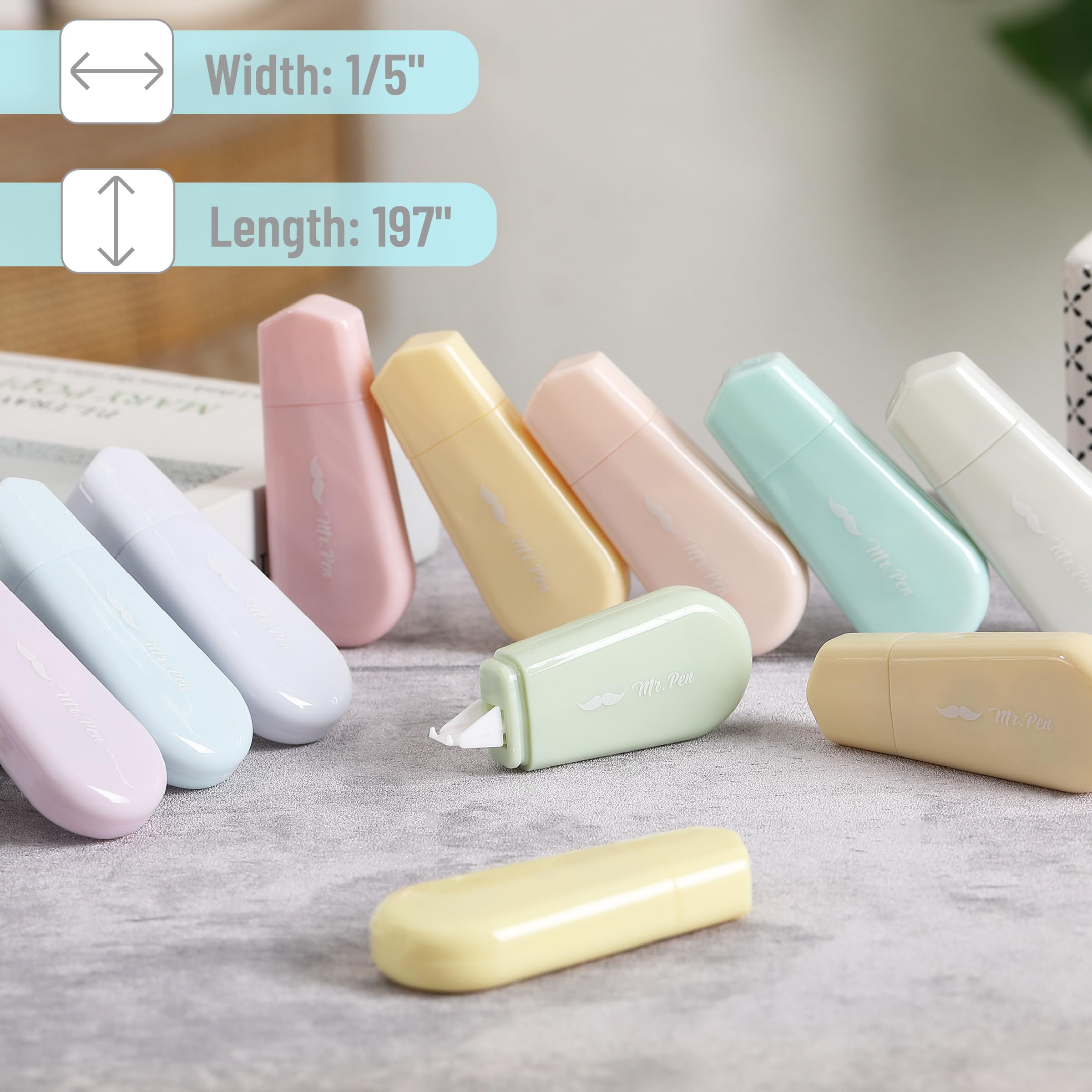 Mr. Pen- Aesthetic Correction Tape, 0.2" x 197", 12 pcs, Pastel Colors, Cute Correction Tape, White - Image 3
