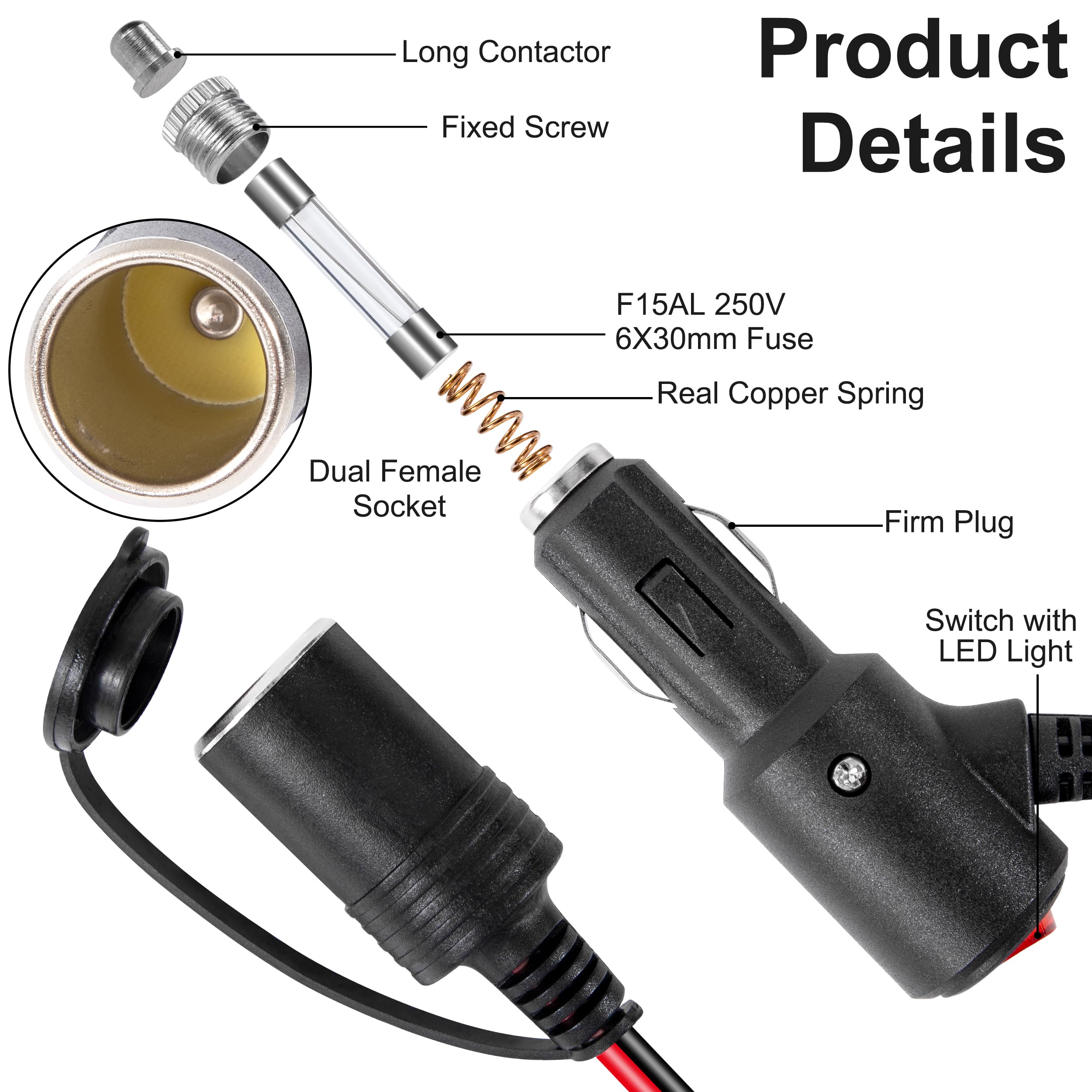 Hoembpn 2m Prolunga Presa Accendisigari 12V/24V Cavo Prolunga Accendisigari 17AWG con Interruttore,1 a 2 Auto Accendisigari Splitter Adattatore di Alimentazione Caricabatterie 15AWG con Interruttore