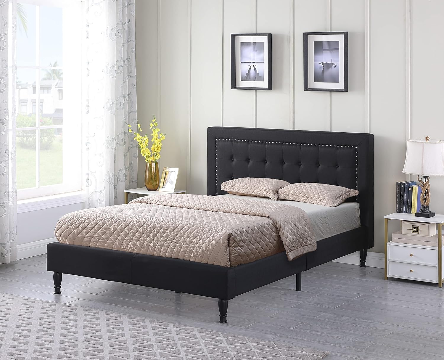 Queen Upholstered Platform Bed Frame with 43.5" Tall Headboard - Button Tufted Cloth Bed - Wood Slat Support with Storage Space - No Box Spring Needed - Easy Assembly - Black - Oliver & Smith Athena