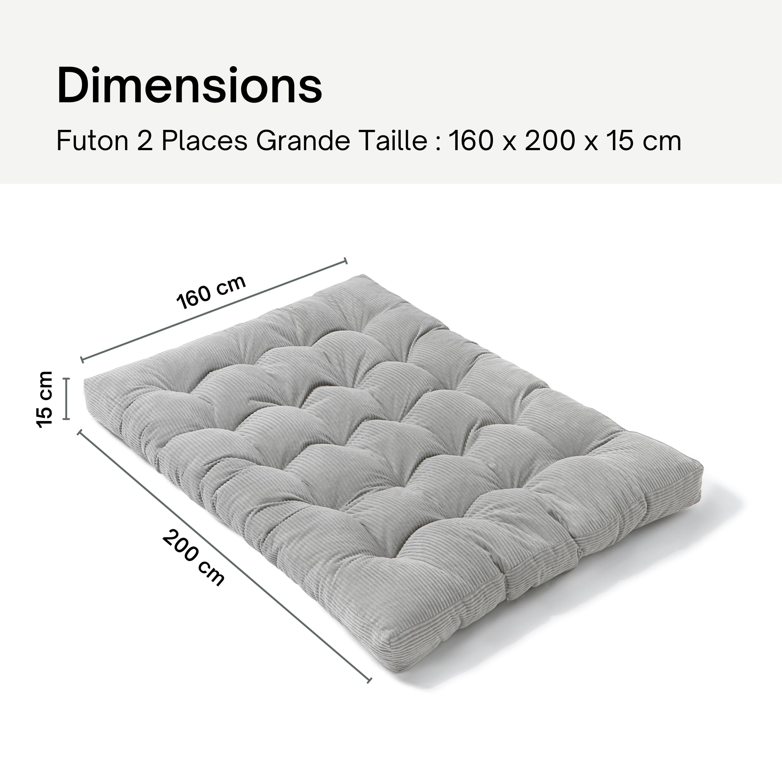 bananair - Futon 2 Places Épais & Confortable, Rembourrage en Mousse - Tissu en Velours Côtelé, Doux & Élégant - Sangles Incluses, Matelas de Sol Pliable Pratique (160x200 cm, Gris Clair)