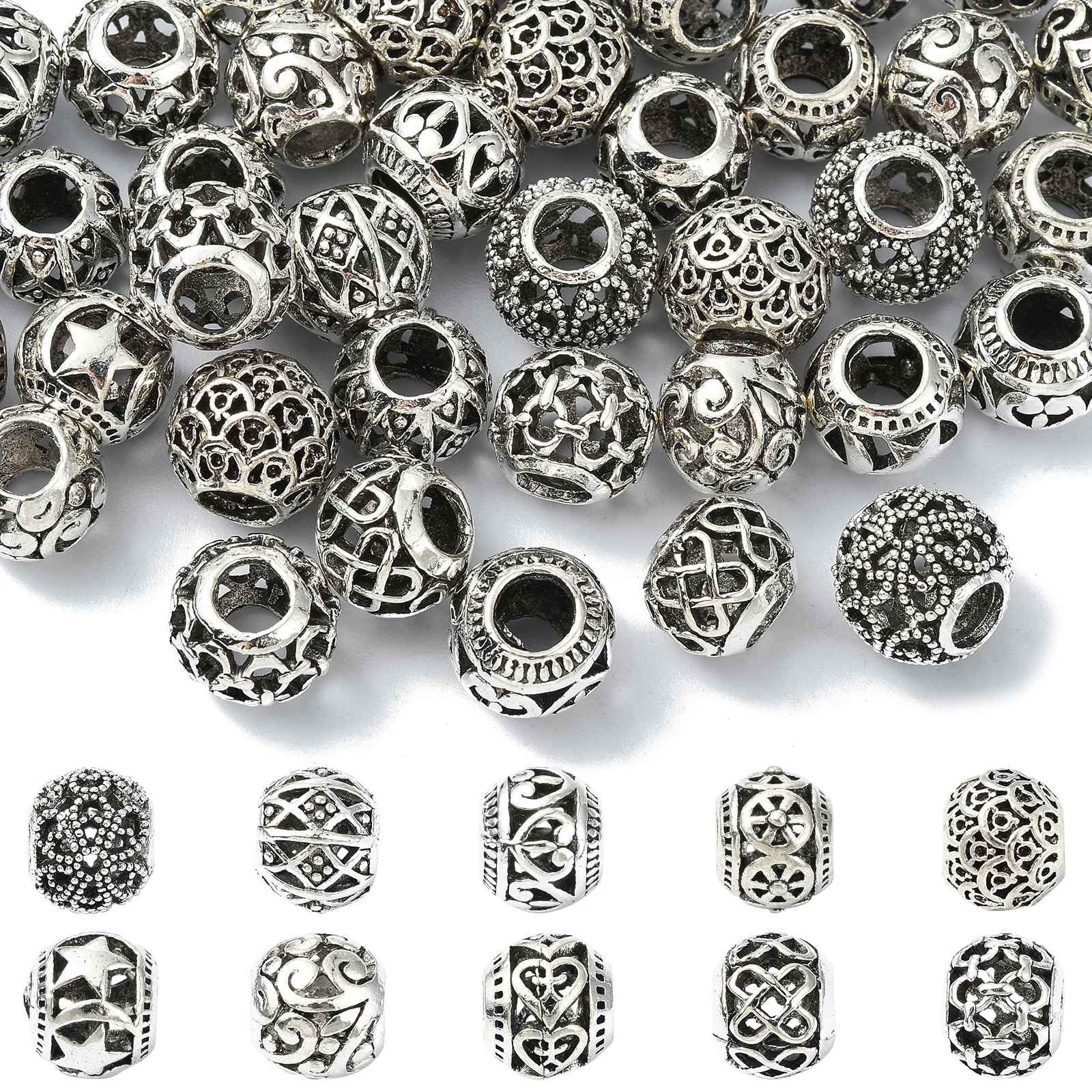 UR URLIFEHALL 40 Pcs 10 Styles Tibetan Style Antique Silver Spacer Beads Large Hole Round Beads for Jewellery Making Bracelets Hairband Crafts
