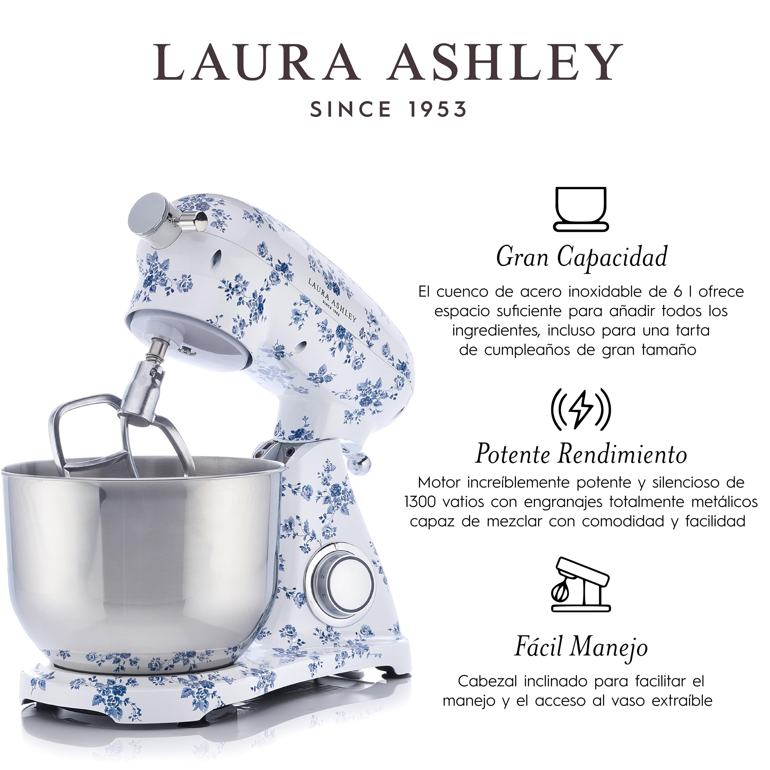 Laura Ashley Batidora Pie de Diecast de 6L con Estampado de Rosas de China de VQ - Procesador Alimentos con 10 Velocidades Infinitas, Opciones de Pulso, Motor de 1800W y Bol de Acero Inoxidable 304