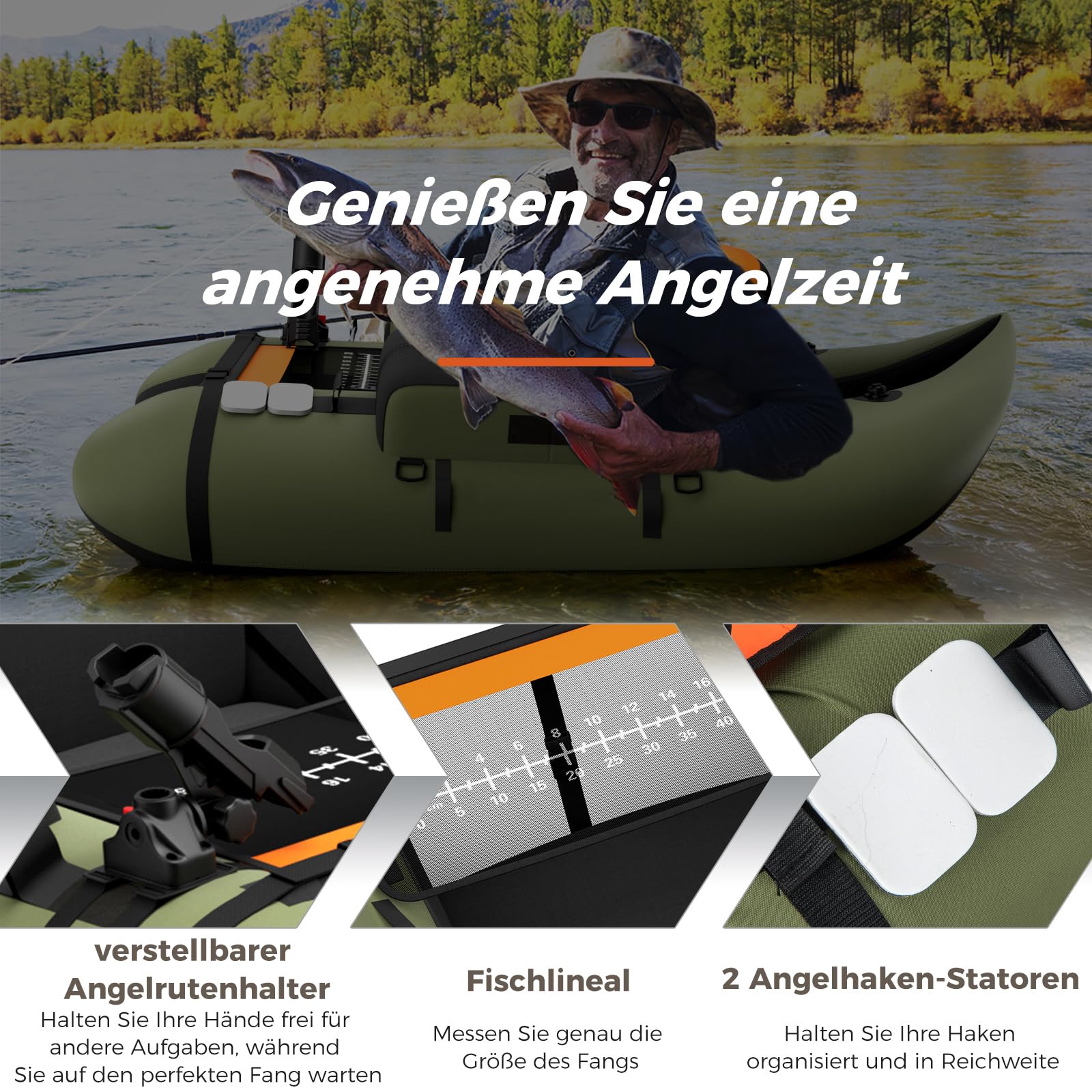 GOPLUS Bellyboot, Belly Boat o nośności do 150 kg, nadmuchiwana łódka do wędkowania z aluminiowym wiosłem, pompką, płetwami, linijką do ryb, uchwytem na wędkę i 2 szelkami, 135 x 109 x 54 cm