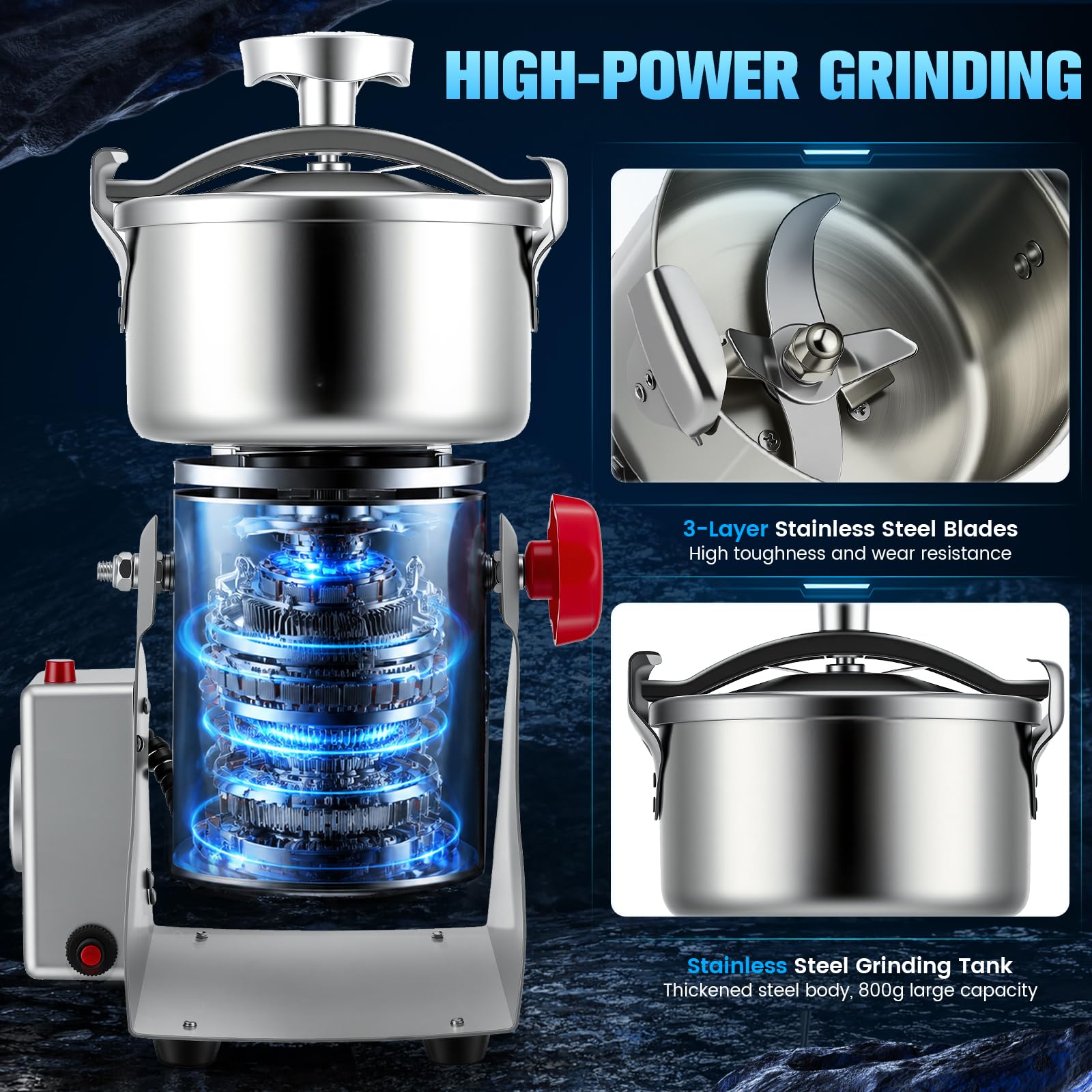 Tragbare Getreidemühle, Elektrische Edelstahl Gewürzmühle, 3500W – 304 Edelstahl, 800g Kapazität, Hochdruck-Spiraldeckel, Überlastschutz – zum Mahlen von Kräutern, Gewürzen, Nüssen & Getreide (220V)