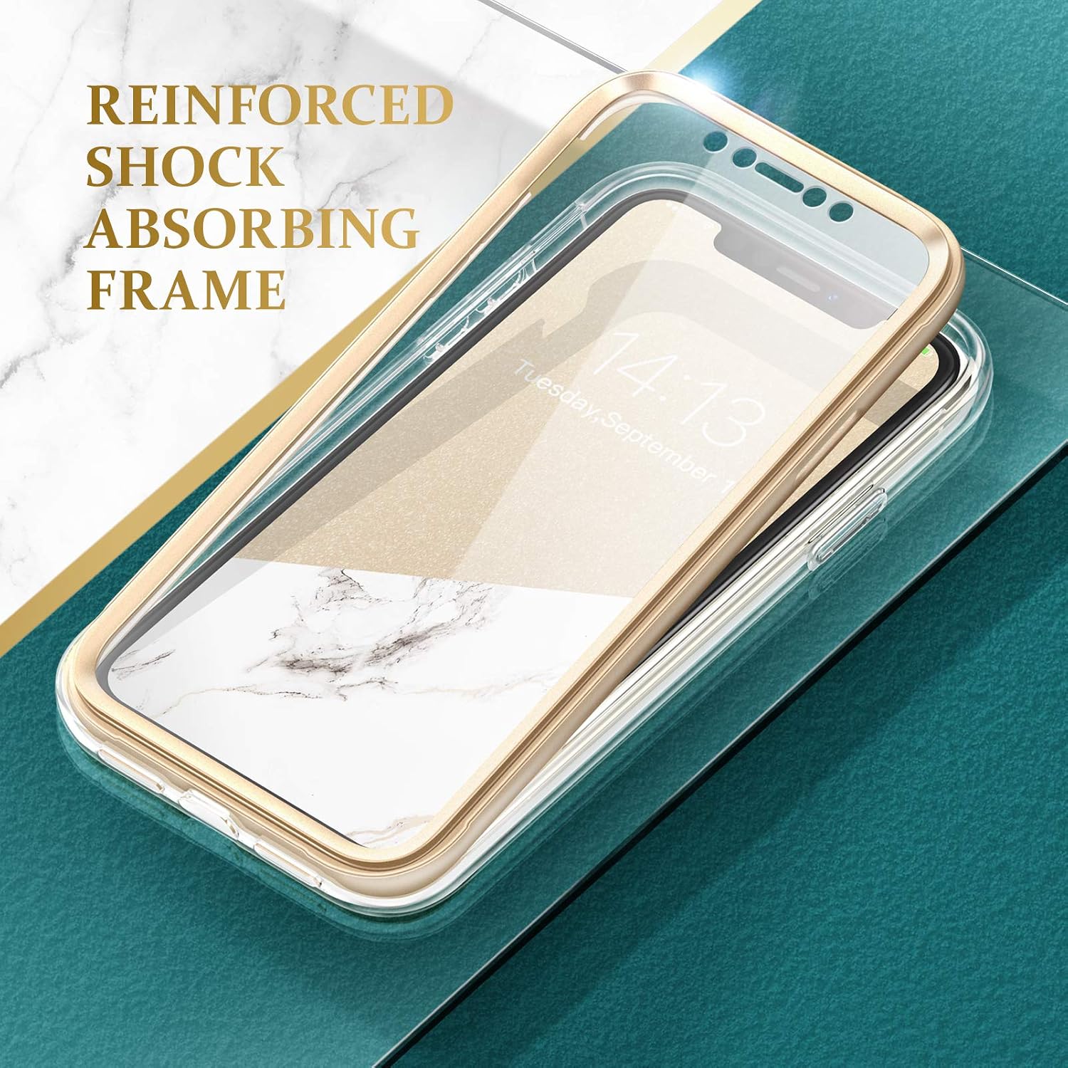 GVIEWIN Designed for iPhone 11 Case 6.1 Inch, [Built-in Screen Protector] [Full-Body Protection] Stylish Marble Shockproof Protective Phone Case Slim Thin Cover (2019 Release) (White/Gold)