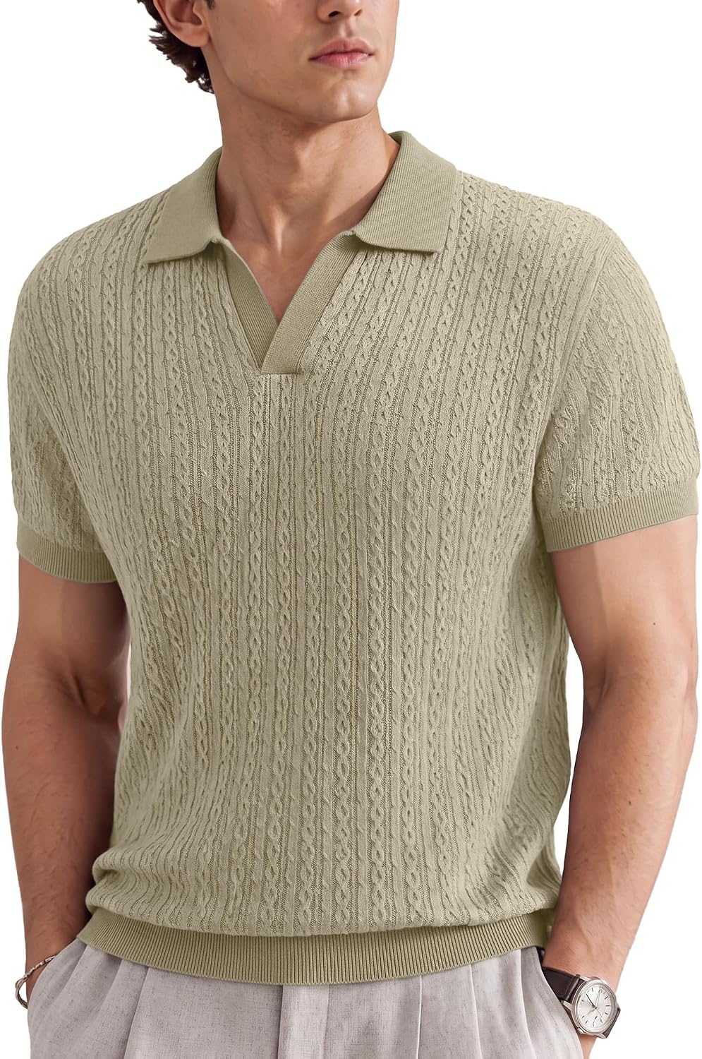 Susclude Mens Old Money Knit Shirts Textured Short Sleeve V Veck Polo Sweater Casual Collared Pullover Stretch Shirt Summer image 2