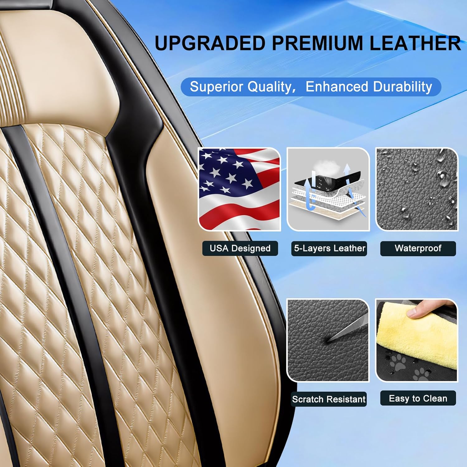 Fit Santa Cruz Car Seat Covers for Select Hyundai Santa Cruz 2022-2025 2026 - Premium Full Coverage Leather, Waterproof & All Weather Seat Cushion Protector, Front Pair Black+Beige