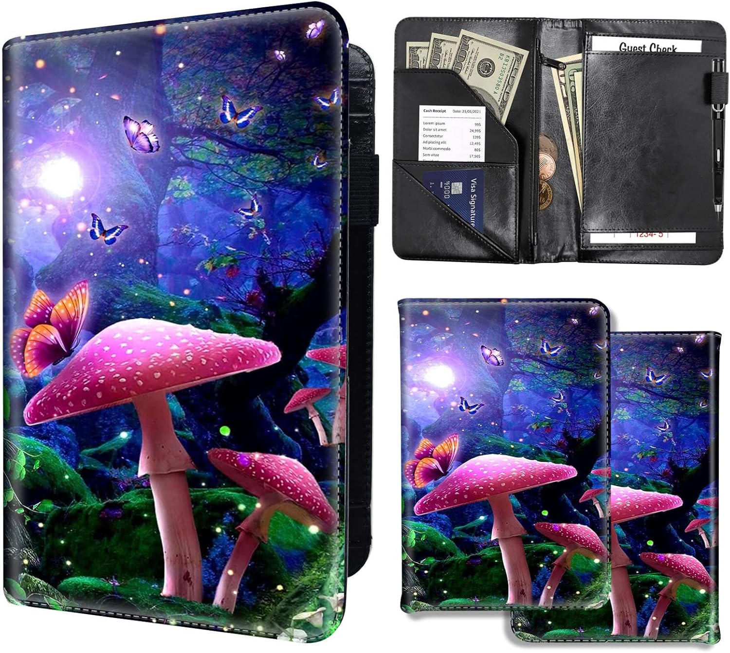 DEGDFSGR Server Books for Waitress, PU Leather Waiter Book Server Wallet with Zipper Pocket, Cute Waitress Book&Waitstaff Organizer with Money Pocket Fit Server Apron, Mushroom Butterfly Moon