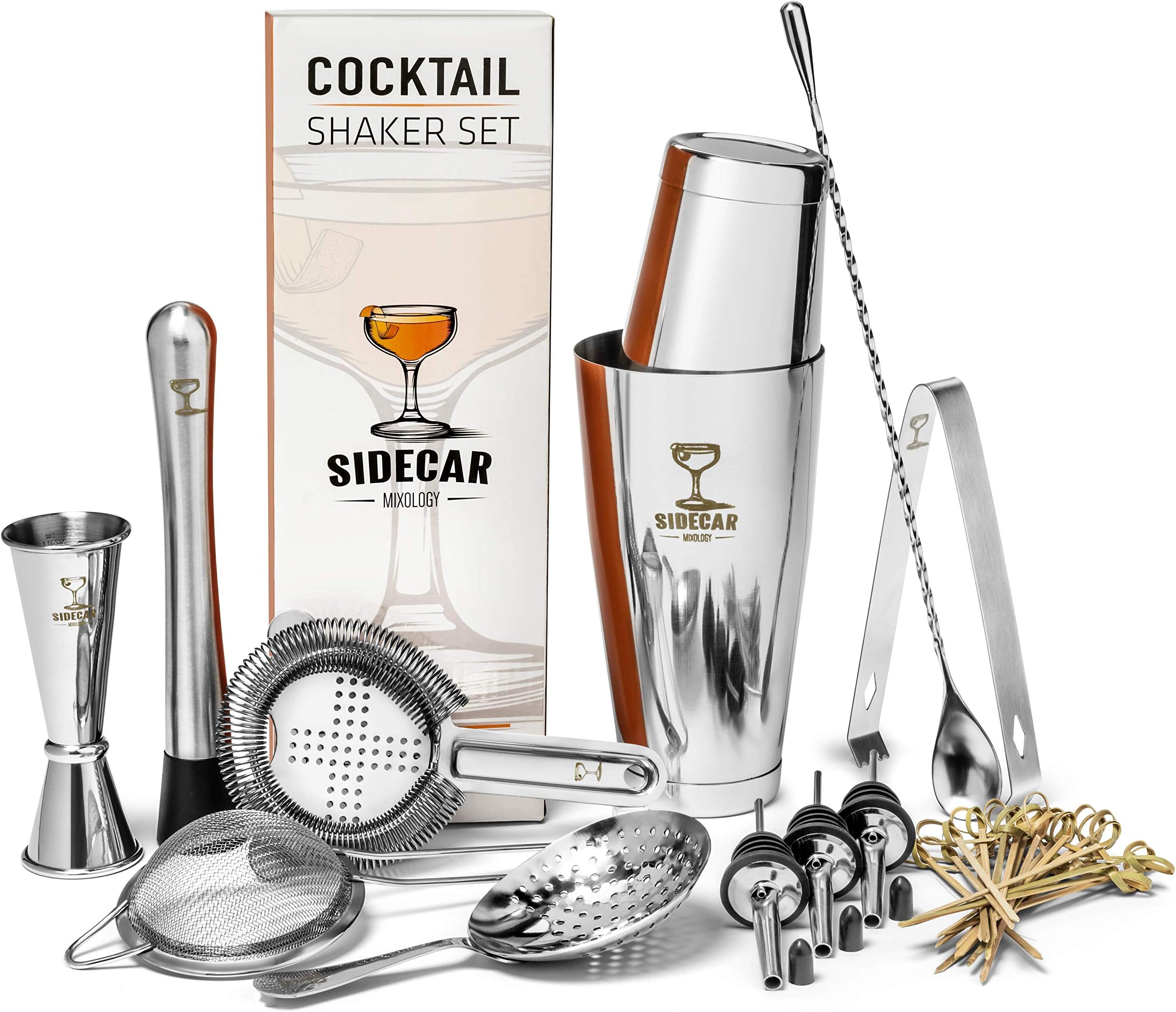 Cocktail Shaker Set by Sidecar Mixology: 16 Piece Premium Silver Stainless Steel Bartending Kit for the Home Bar - Mix a Martini or other Craft Drink by Hand with Professional Barware Accessories